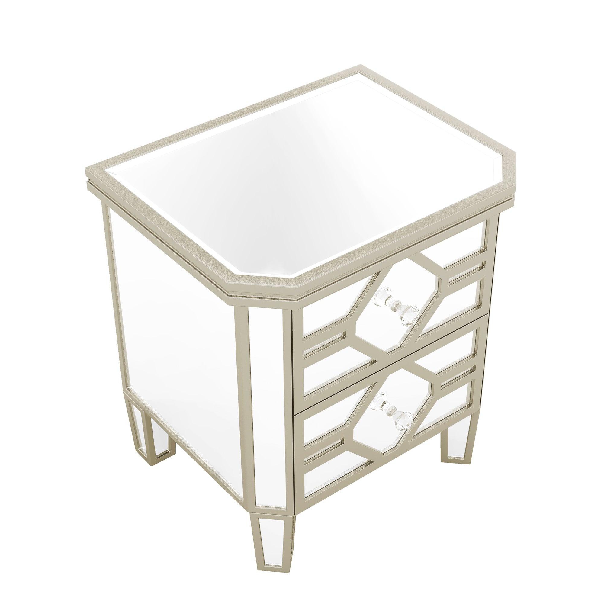 2-Drawer Glass Nightstand in Silver with Golden Lines