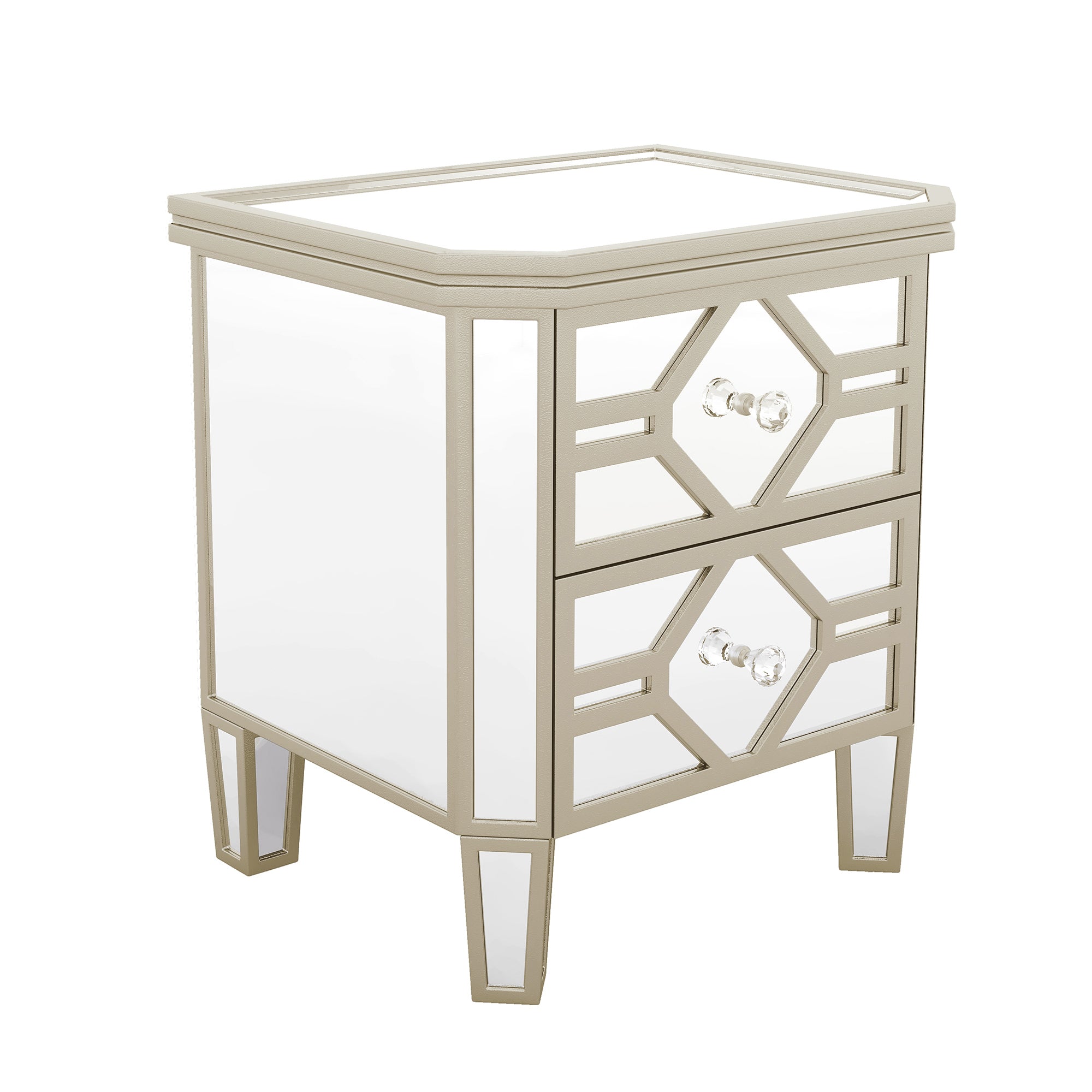 2-Drawer Glass Nightstand in Silver with Golden Lines