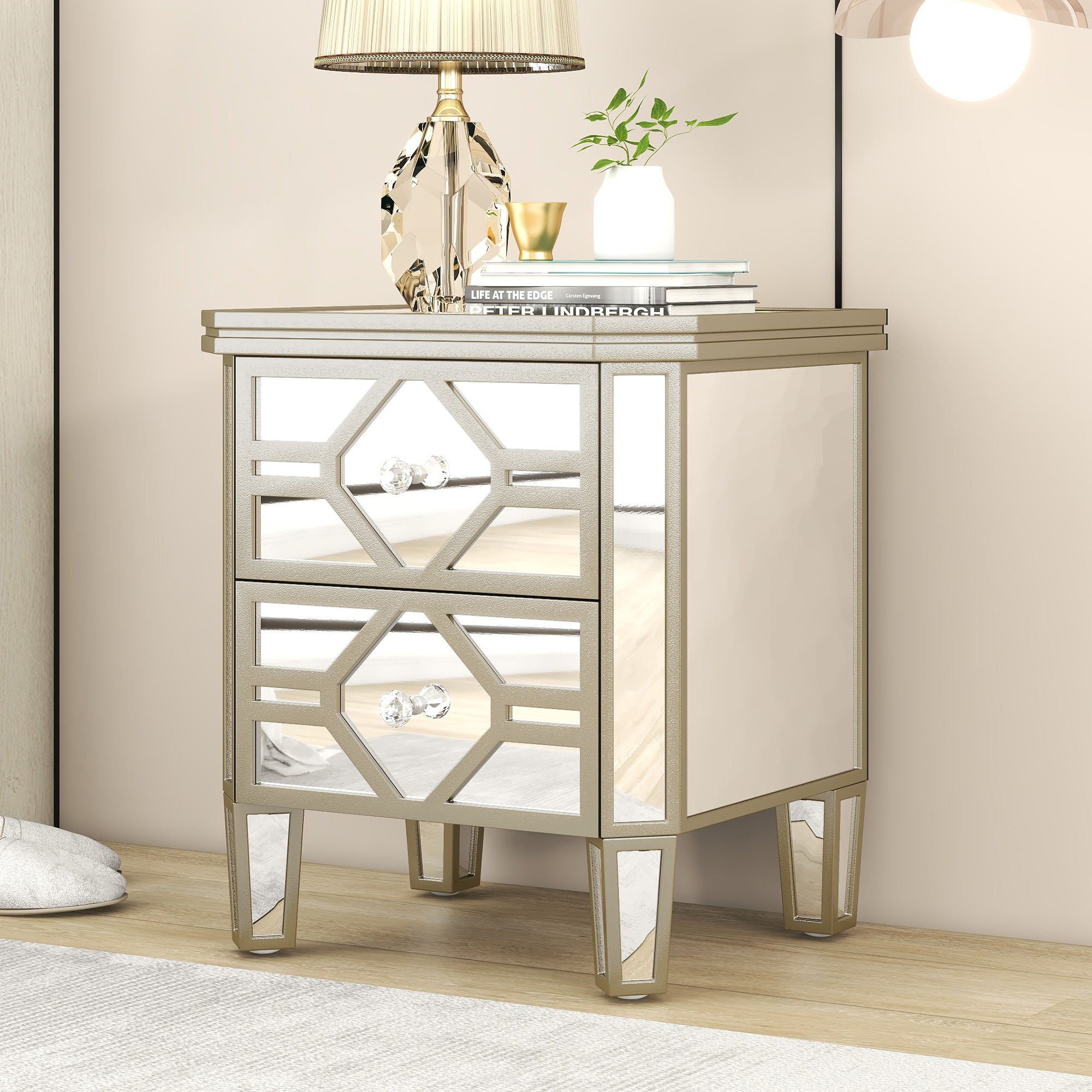 2-Drawer Glass Nightstand in Silver with Golden Lines
