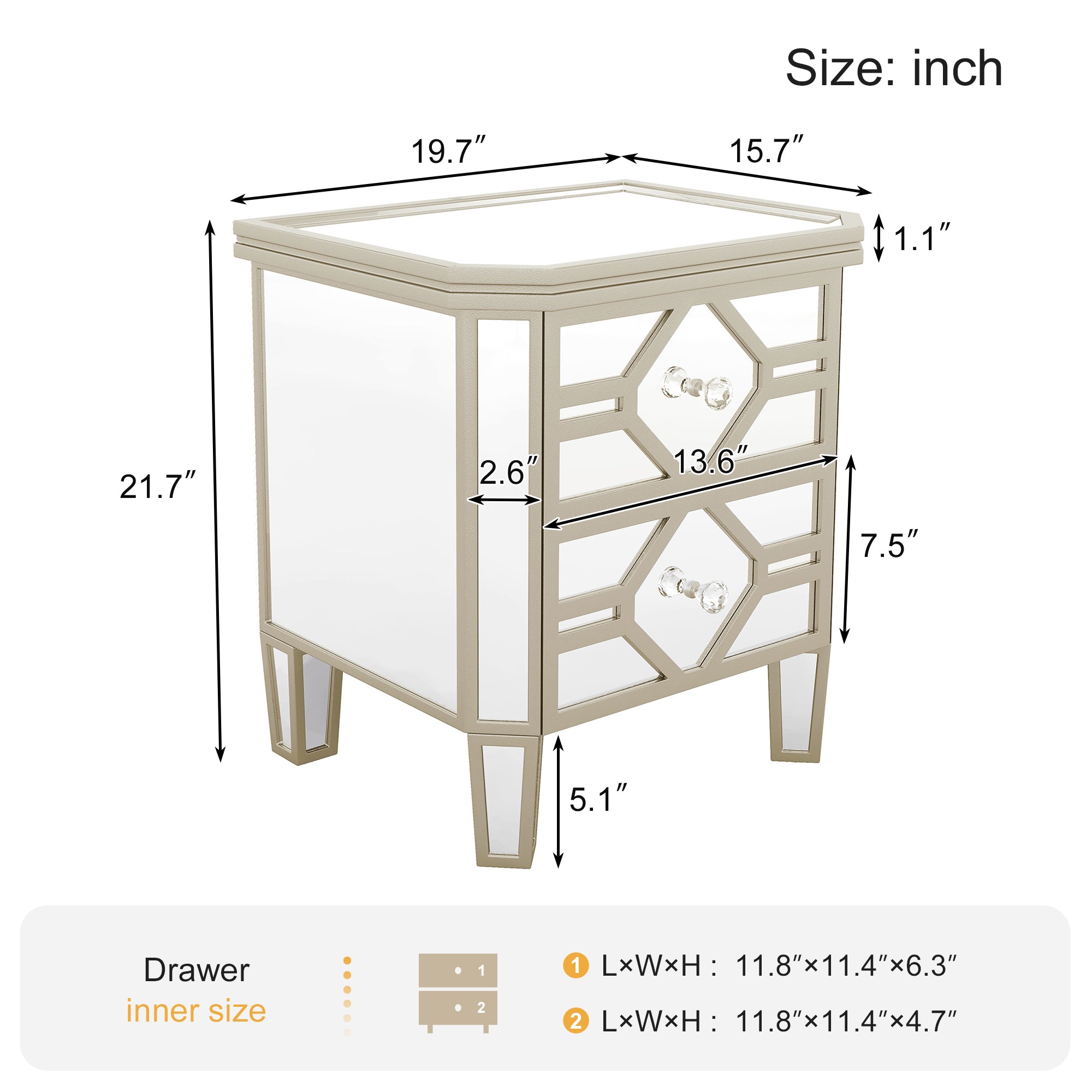 2-Drawer Glass Nightstand in Silver with Golden Lines