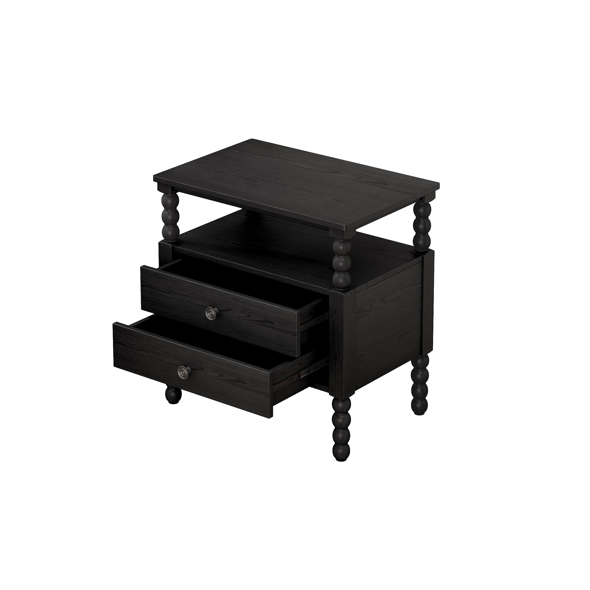 2-Drawer Pinewood and MDF Nightstand with Exterior Shelves