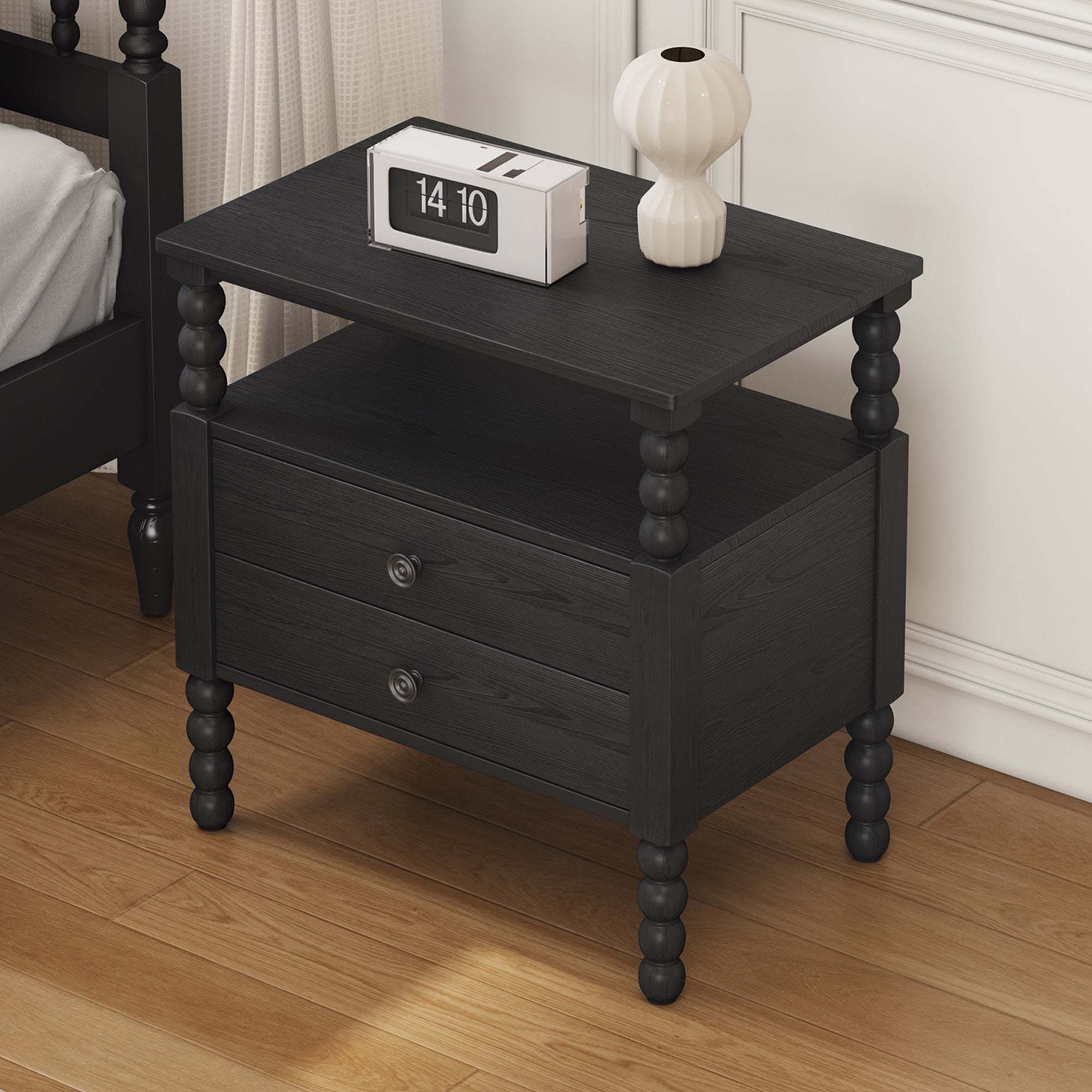 2-Drawer Pinewood and MDF Nightstand with Exterior Shelves