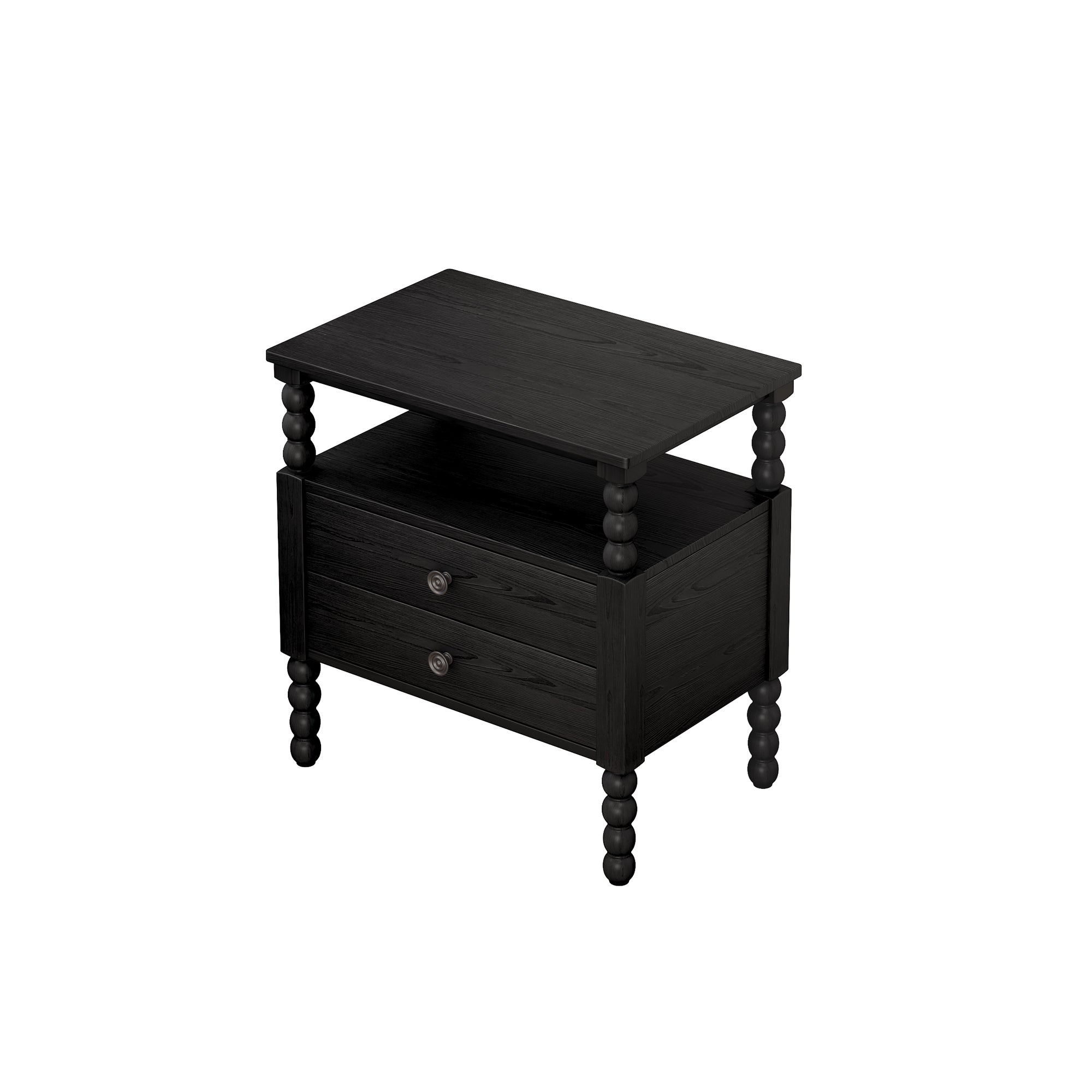 2-Drawer Pinewood and MDF Nightstand with Exterior Shelves