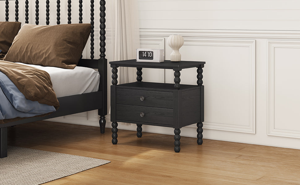 2-Drawer Pinewood and MDF Nightstand with Exterior Shelves