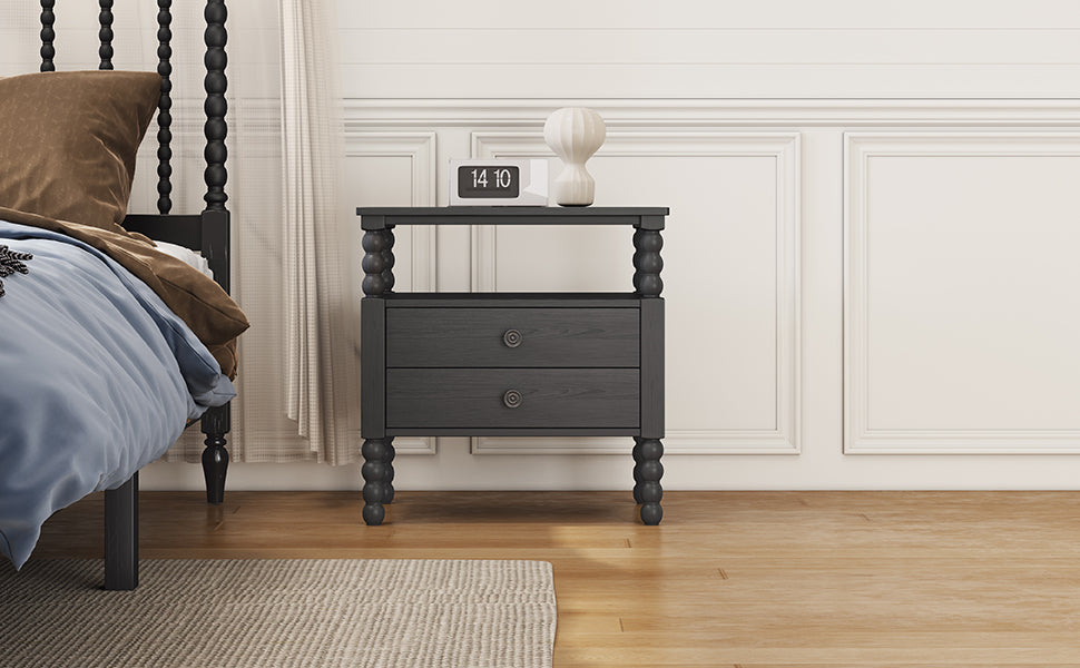 2-Drawer Pinewood and MDF Nightstand with Exterior Shelves