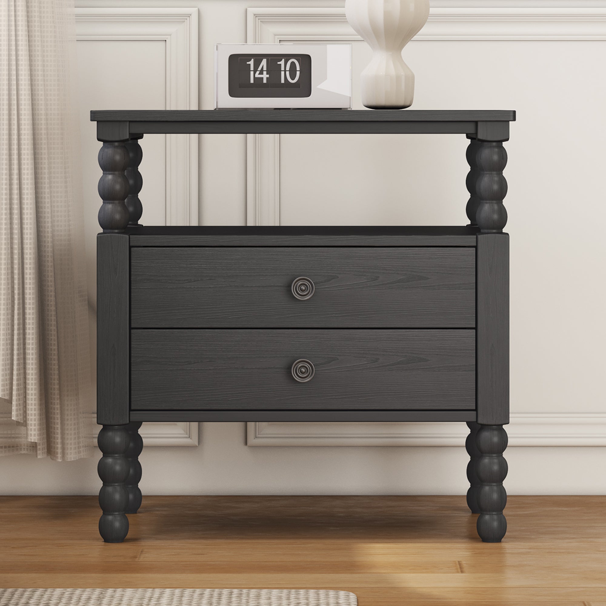 2-Drawer Pinewood and MDF Nightstand with Exterior Shelves