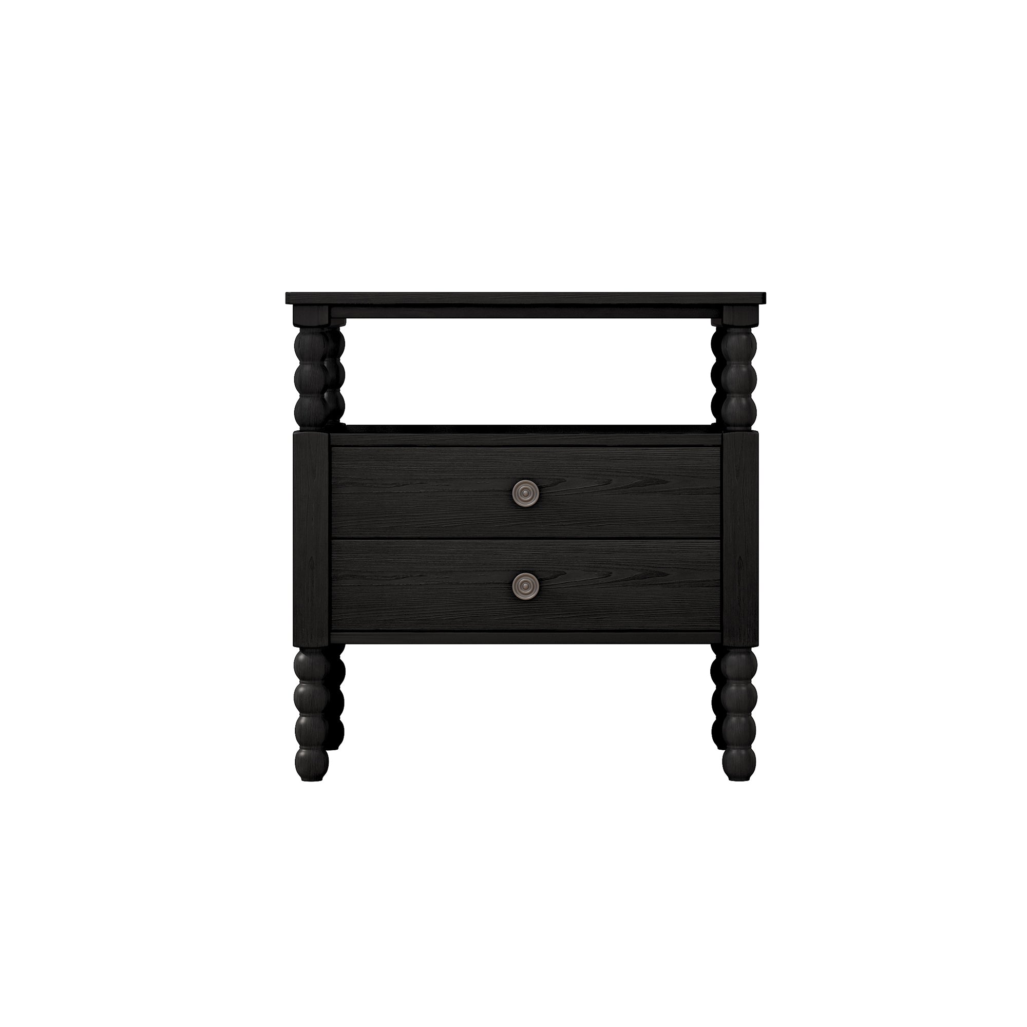 2-Drawer Pinewood and MDF Nightstand with Exterior Shelves