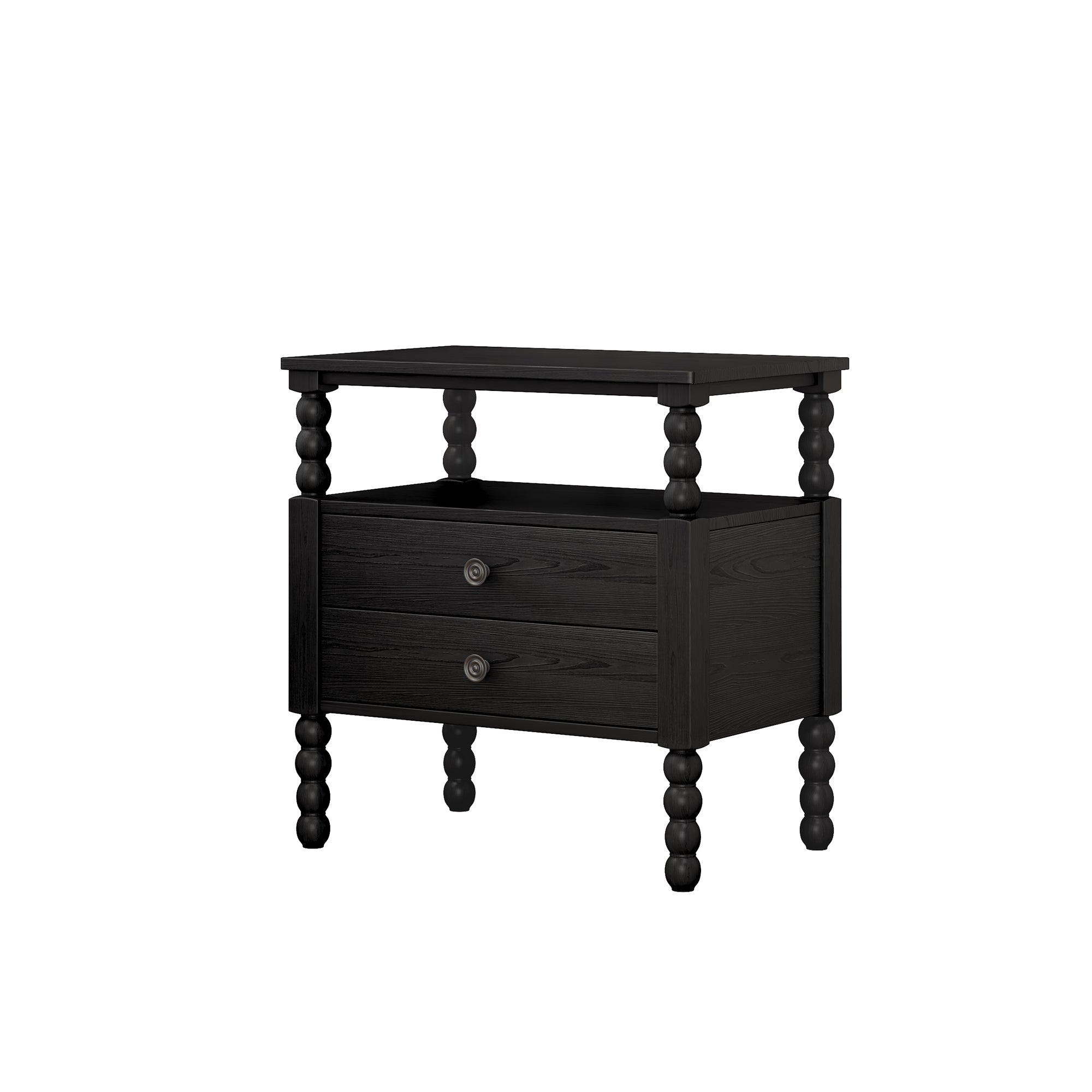 2-Drawer Pinewood and MDF Nightstand with Exterior Shelves
