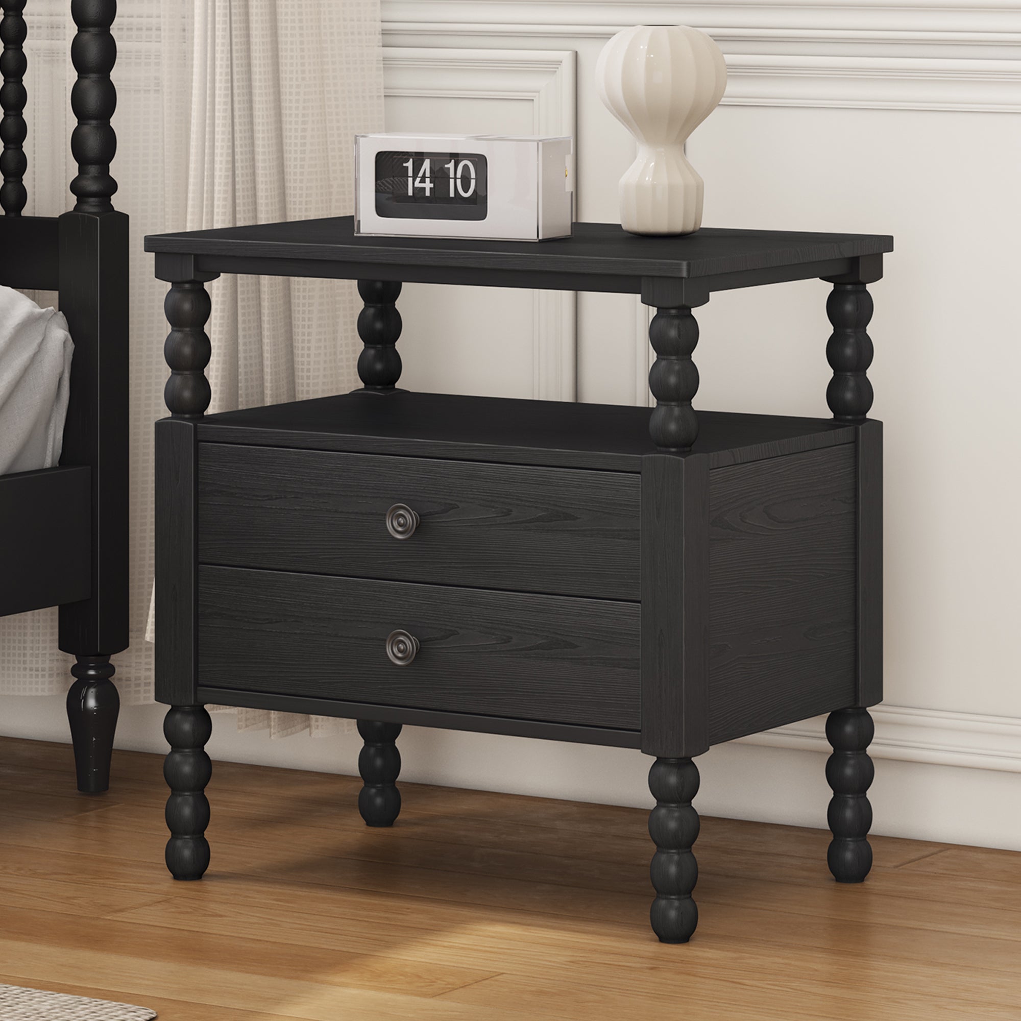 2-Drawer Pinewood and MDF Nightstand with Exterior Shelves