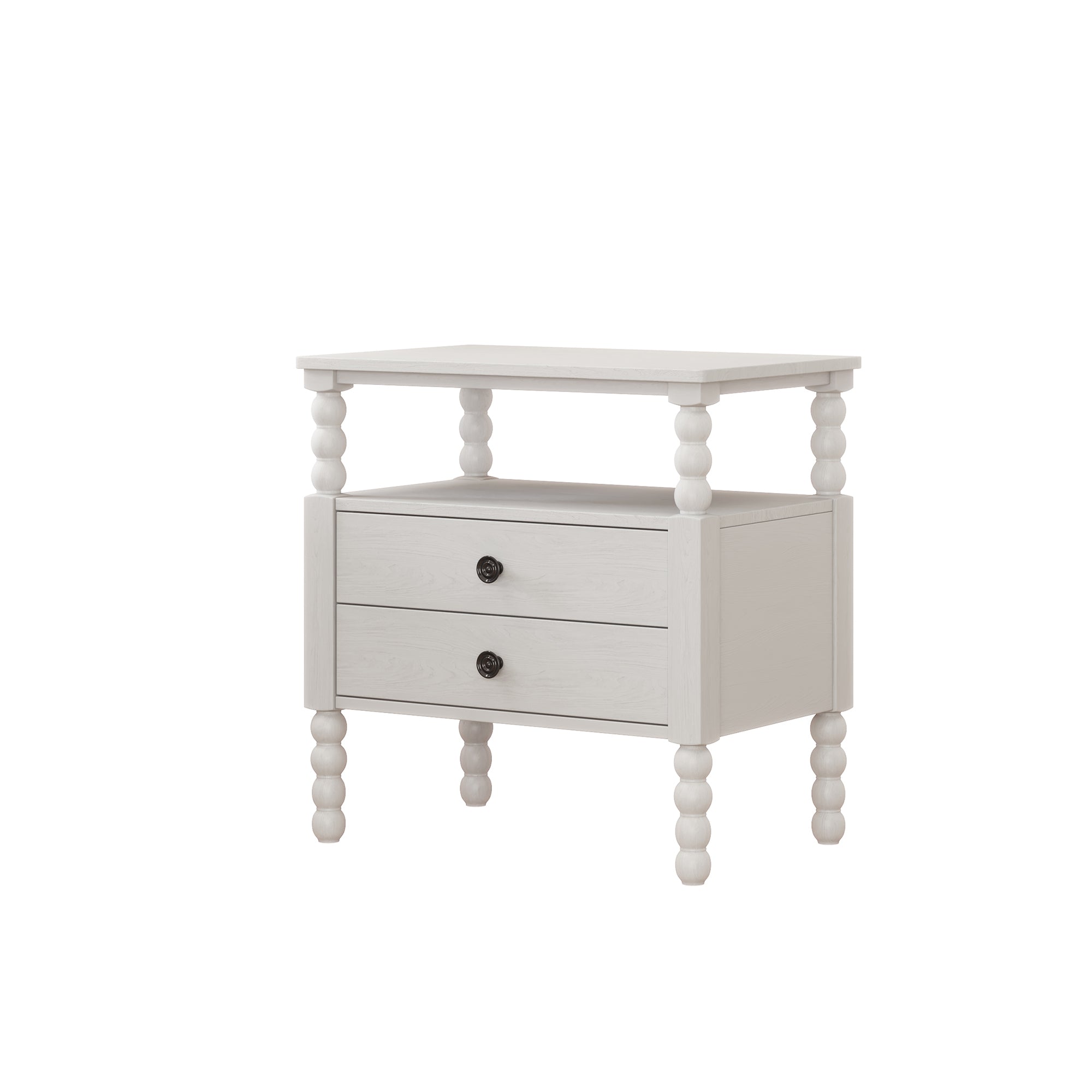 2-Drawer Pinewood and MDF Nightstand with Exterior Shelves