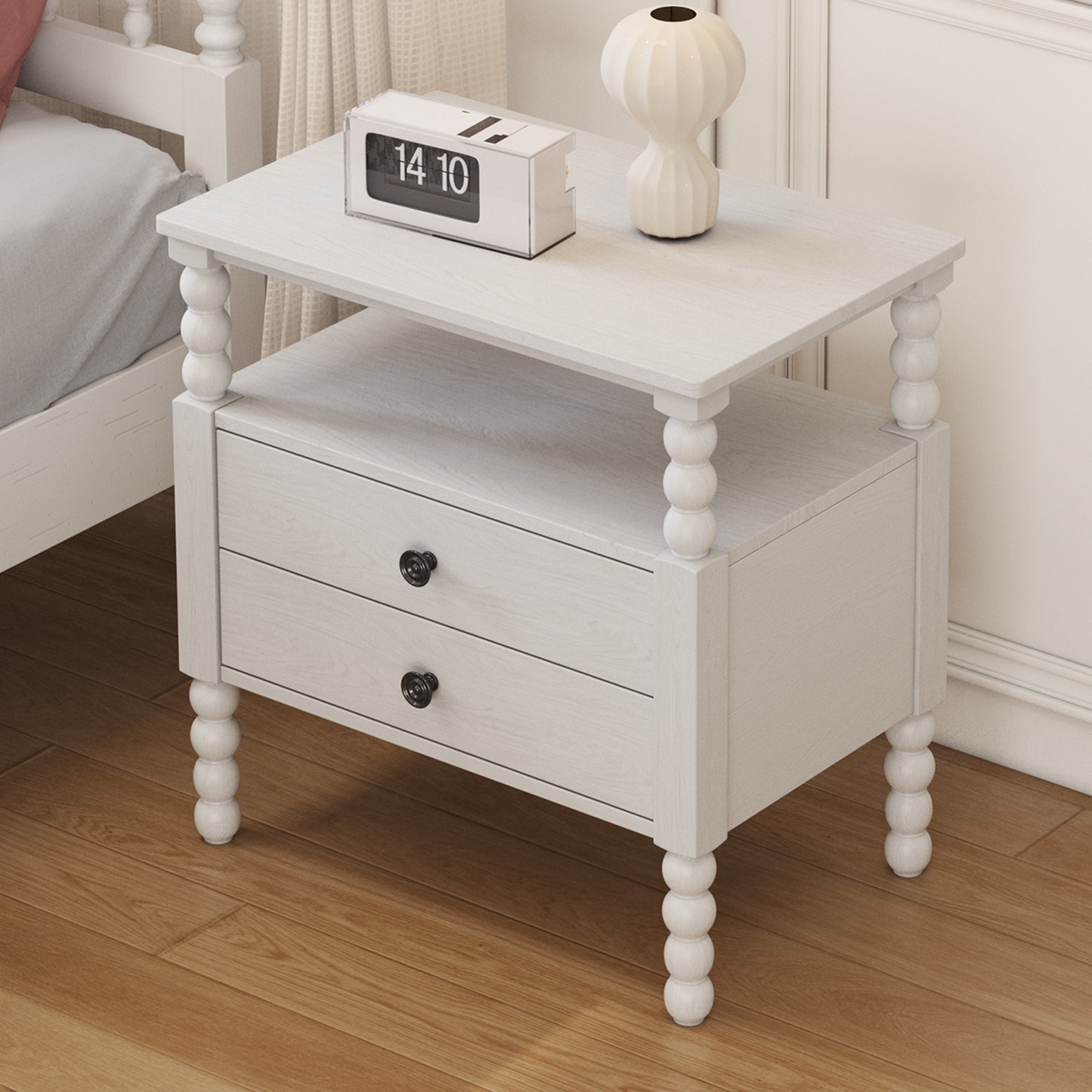 2-Drawer Pinewood and MDF Nightstand with Exterior Shelves