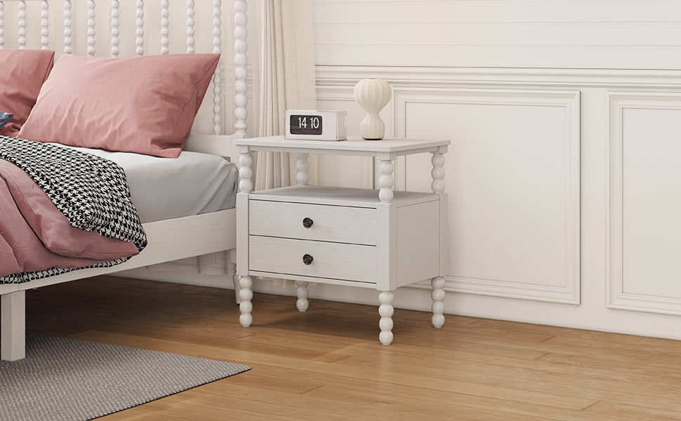 2-Drawer Pinewood and MDF Nightstand with Exterior Shelves