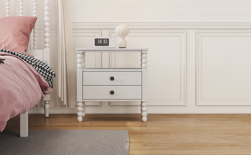 2-Drawer Pinewood and MDF Nightstand with Exterior Shelves