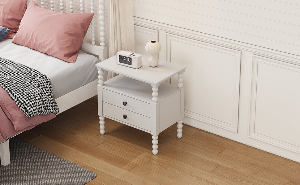 2-Drawer Pinewood and MDF Nightstand with Exterior Shelves