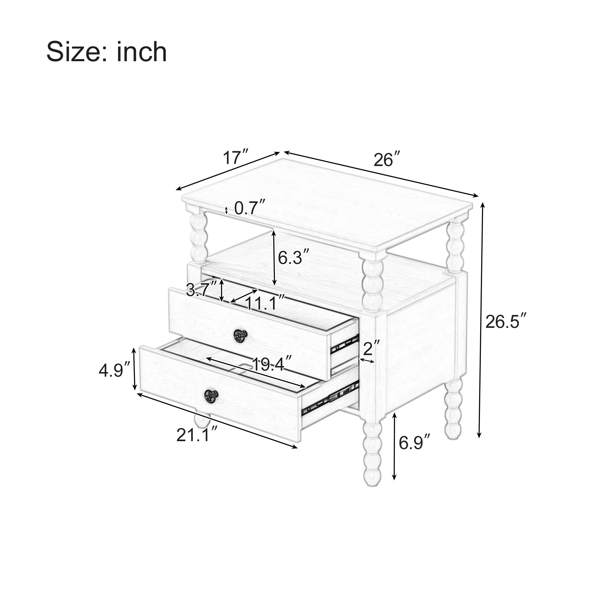 2-Drawer Pinewood and MDF Nightstand with Exterior Shelves