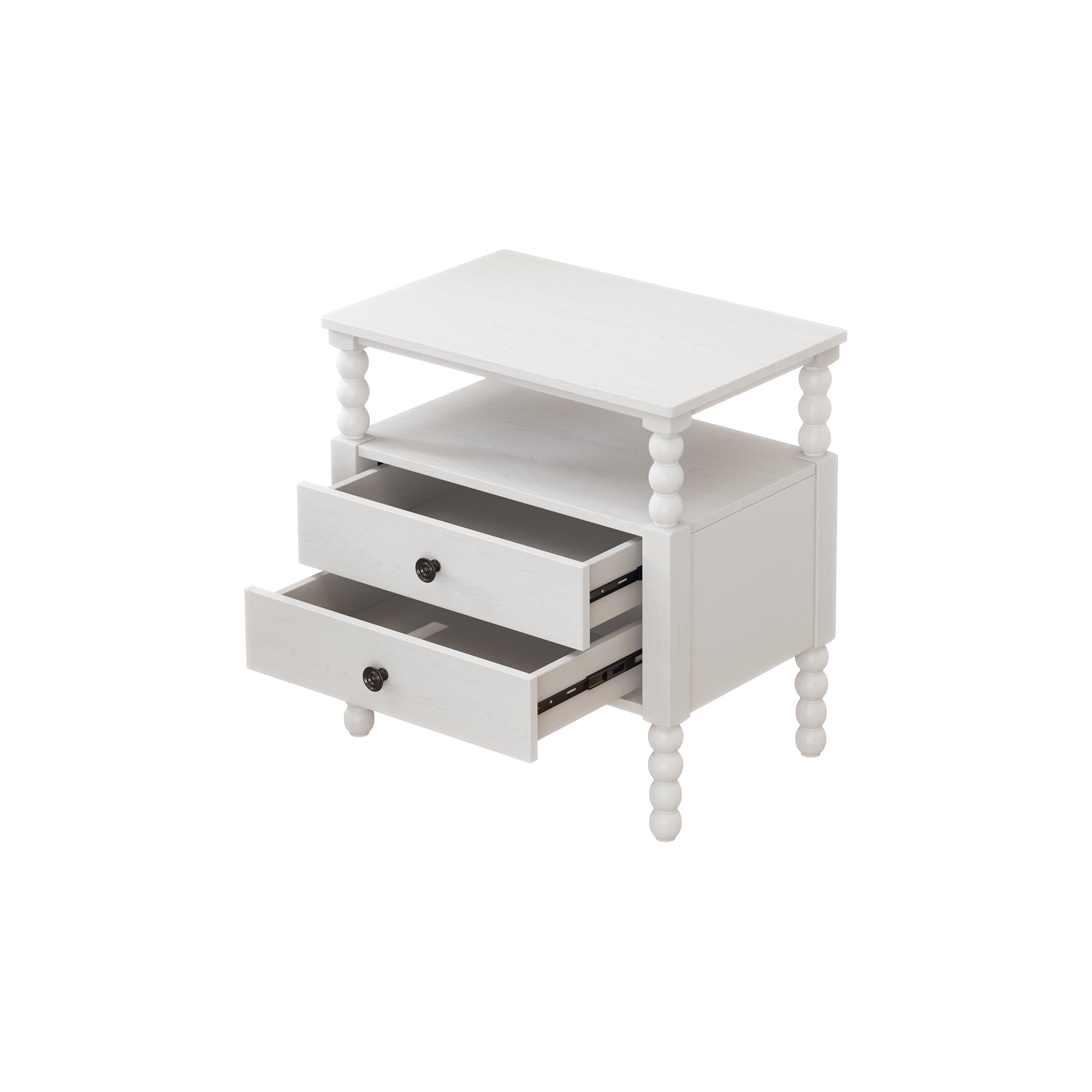 2-Drawer Pinewood and MDF Nightstand with Exterior Shelves