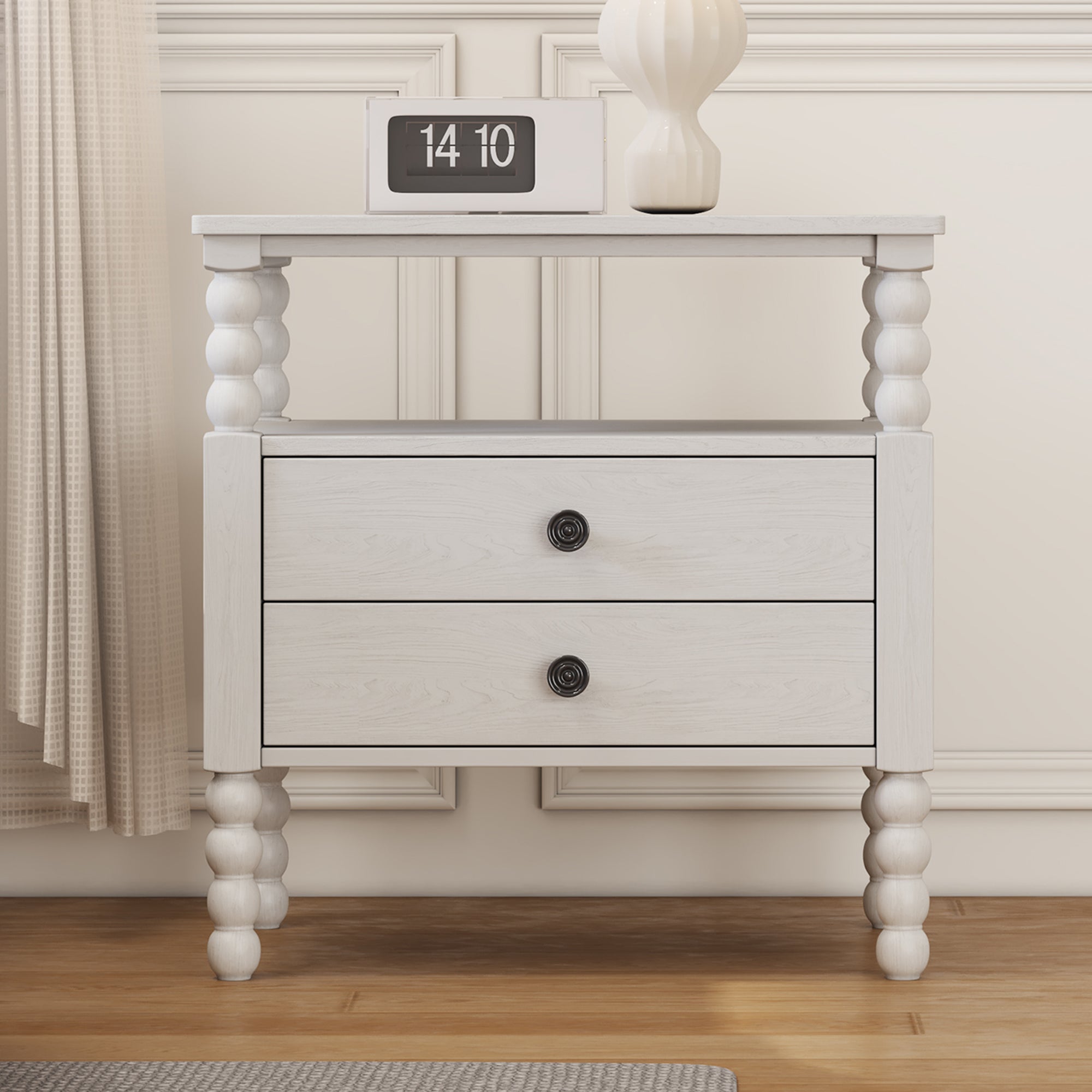 2-Drawer Pinewood and MDF Nightstand with Exterior Shelves
