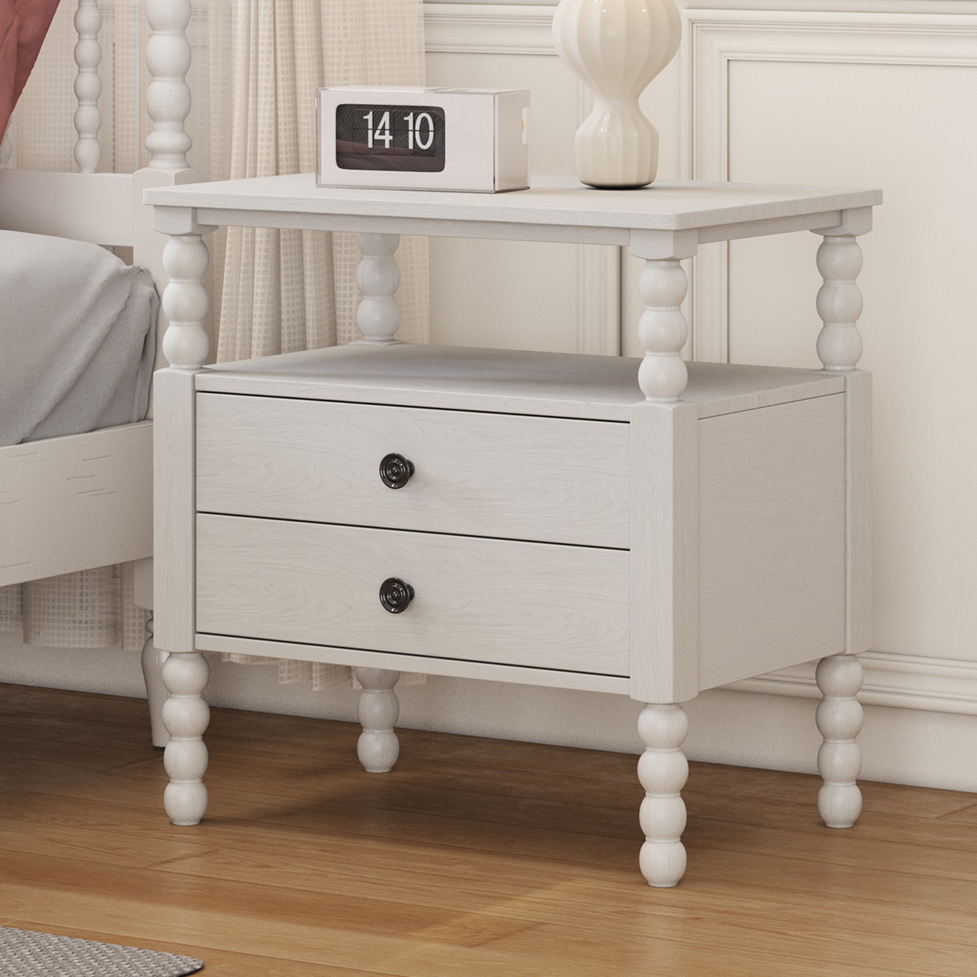 2-Drawer Pinewood and MDF Nightstand with Exterior Shelves