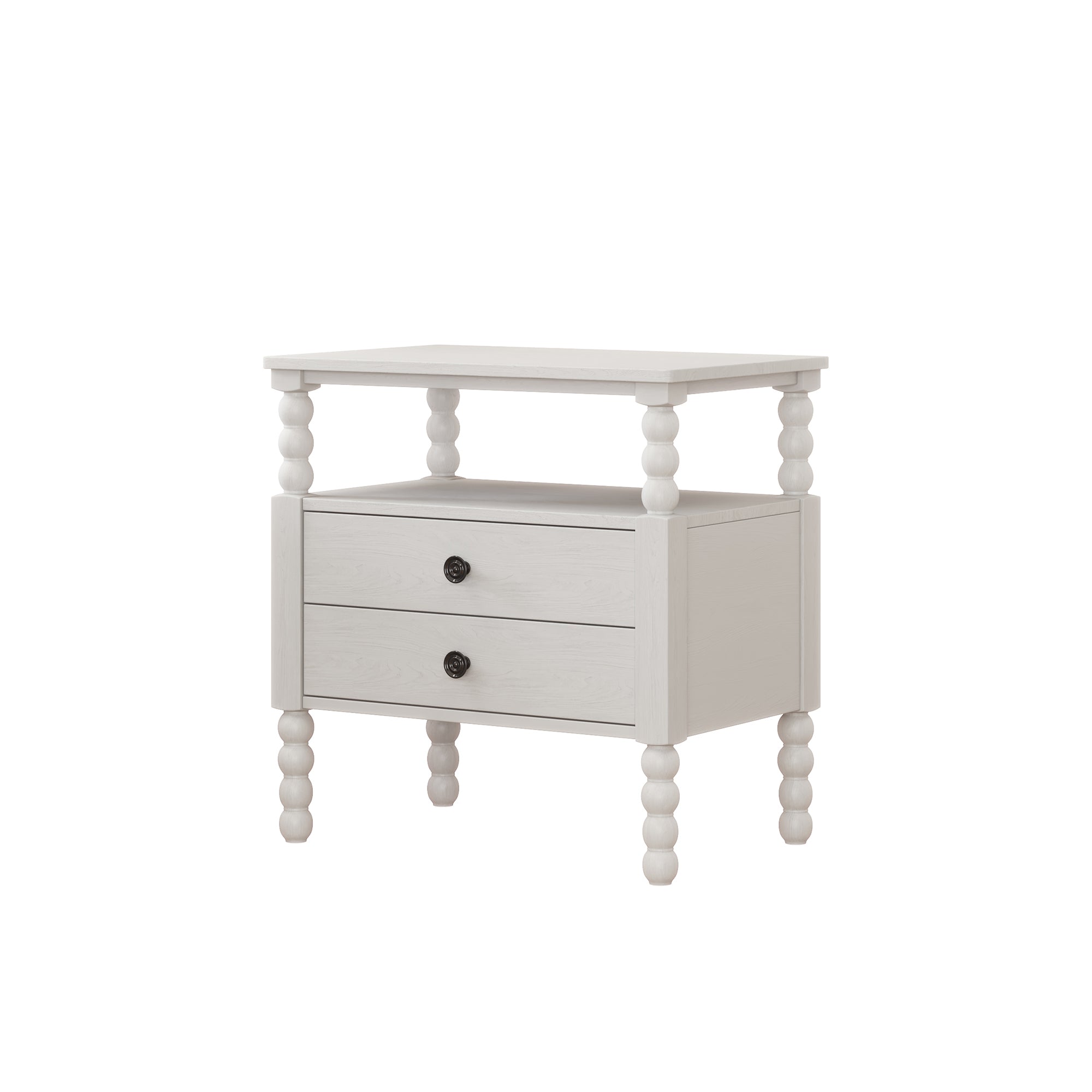 2-Drawer Pinewood and MDF Nightstand with Exterior Shelves
