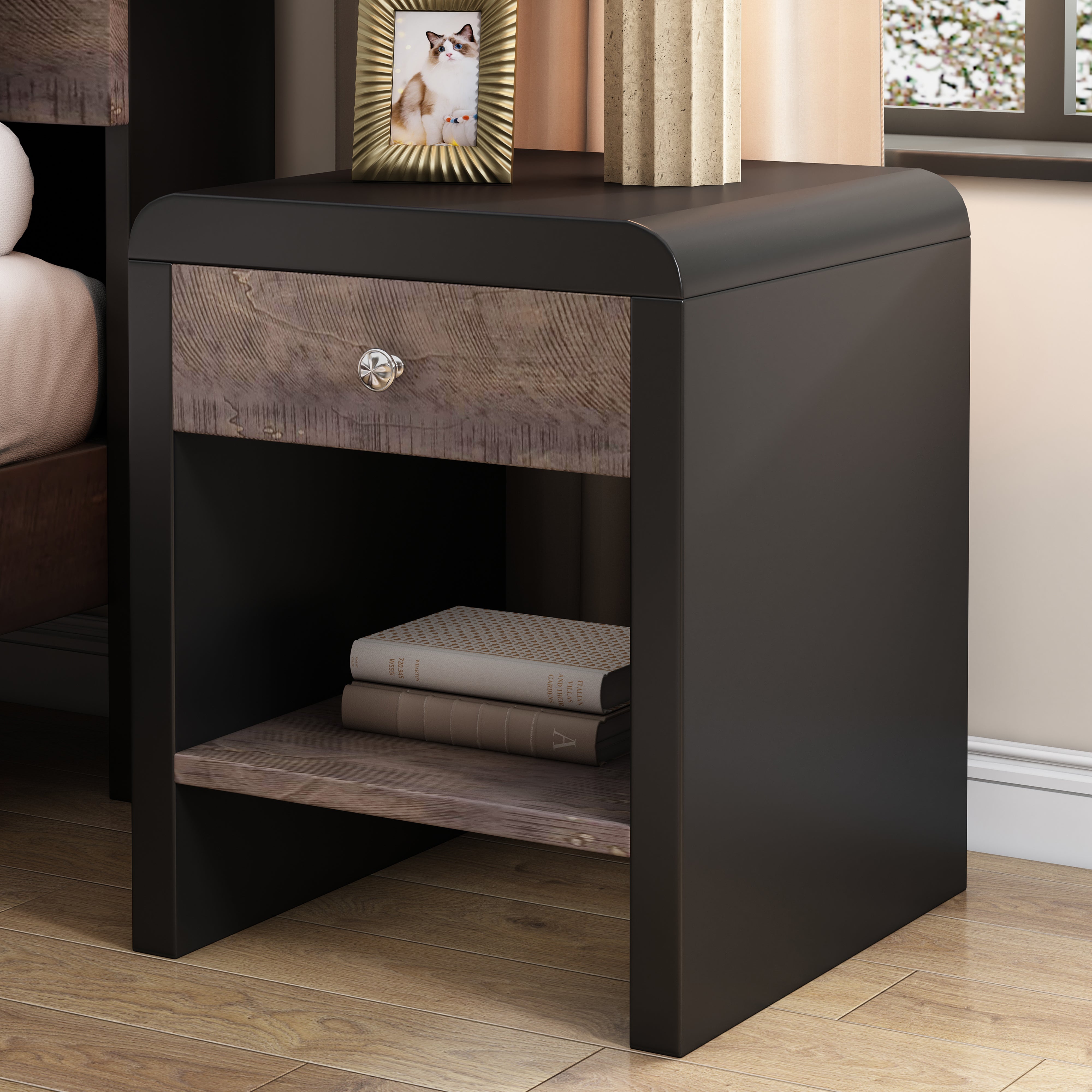 1-Drawer MDF Nightstand in Walnut and Black