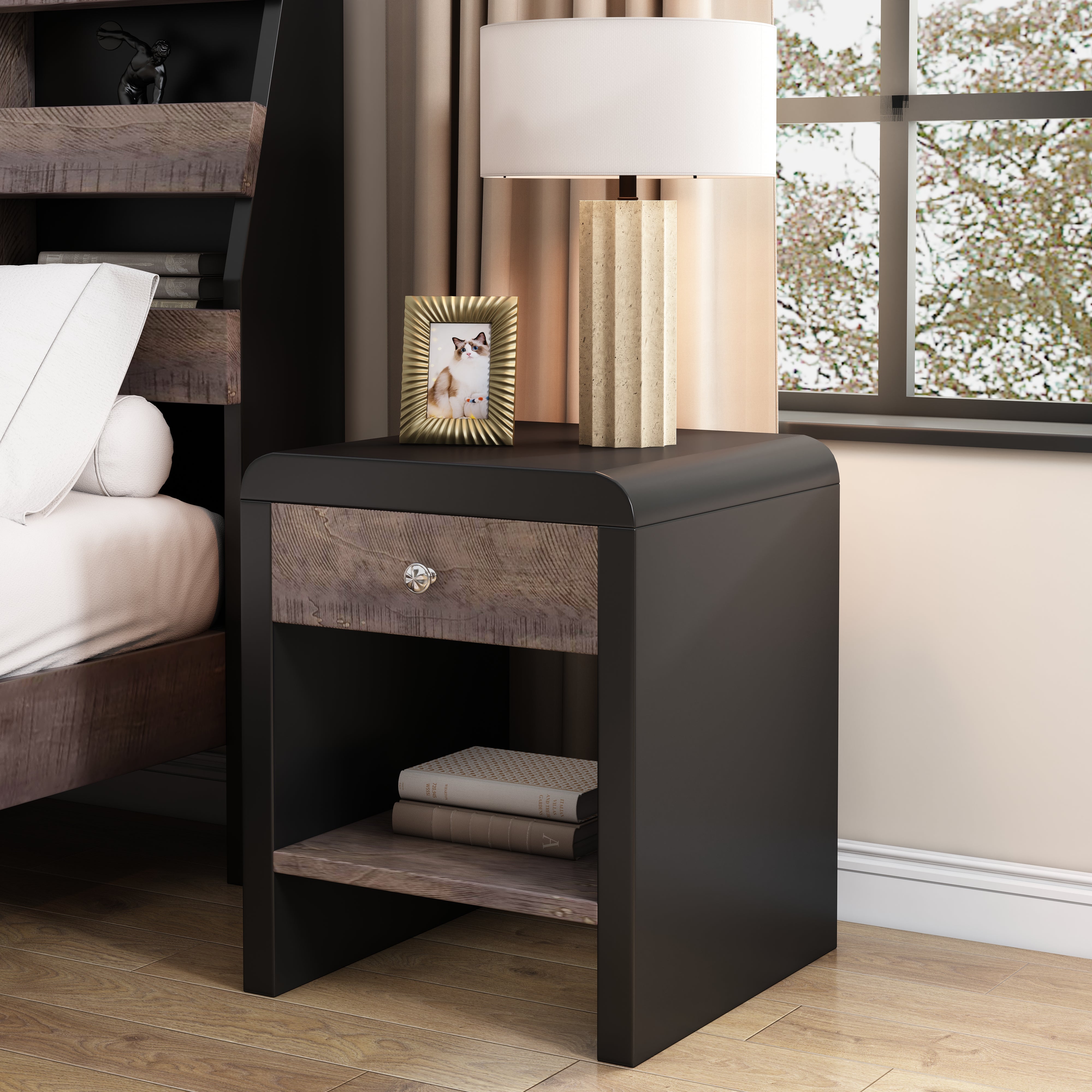 1-Drawer MDF Nightstand in Walnut and Black