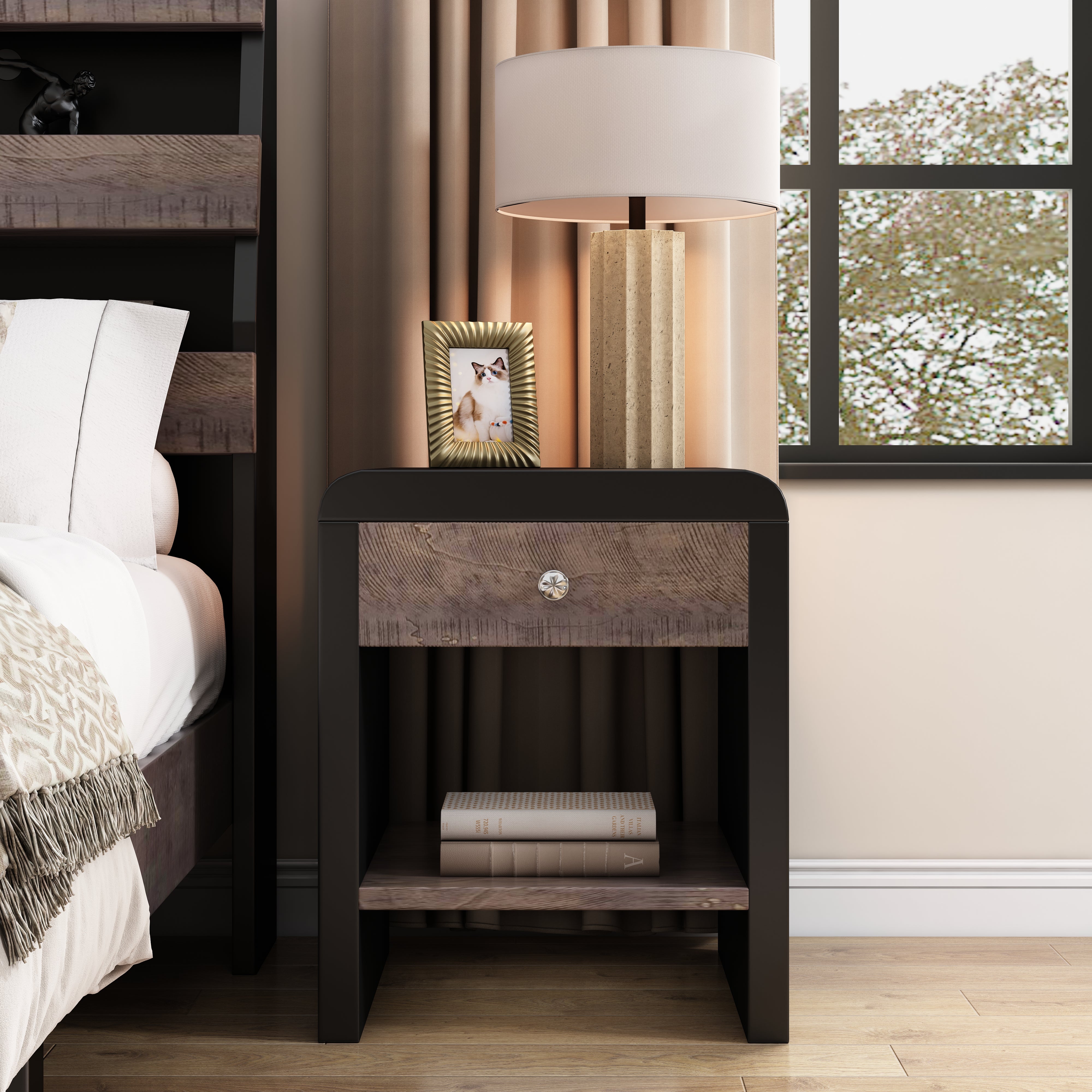 1-Drawer MDF Nightstand in Walnut and Black