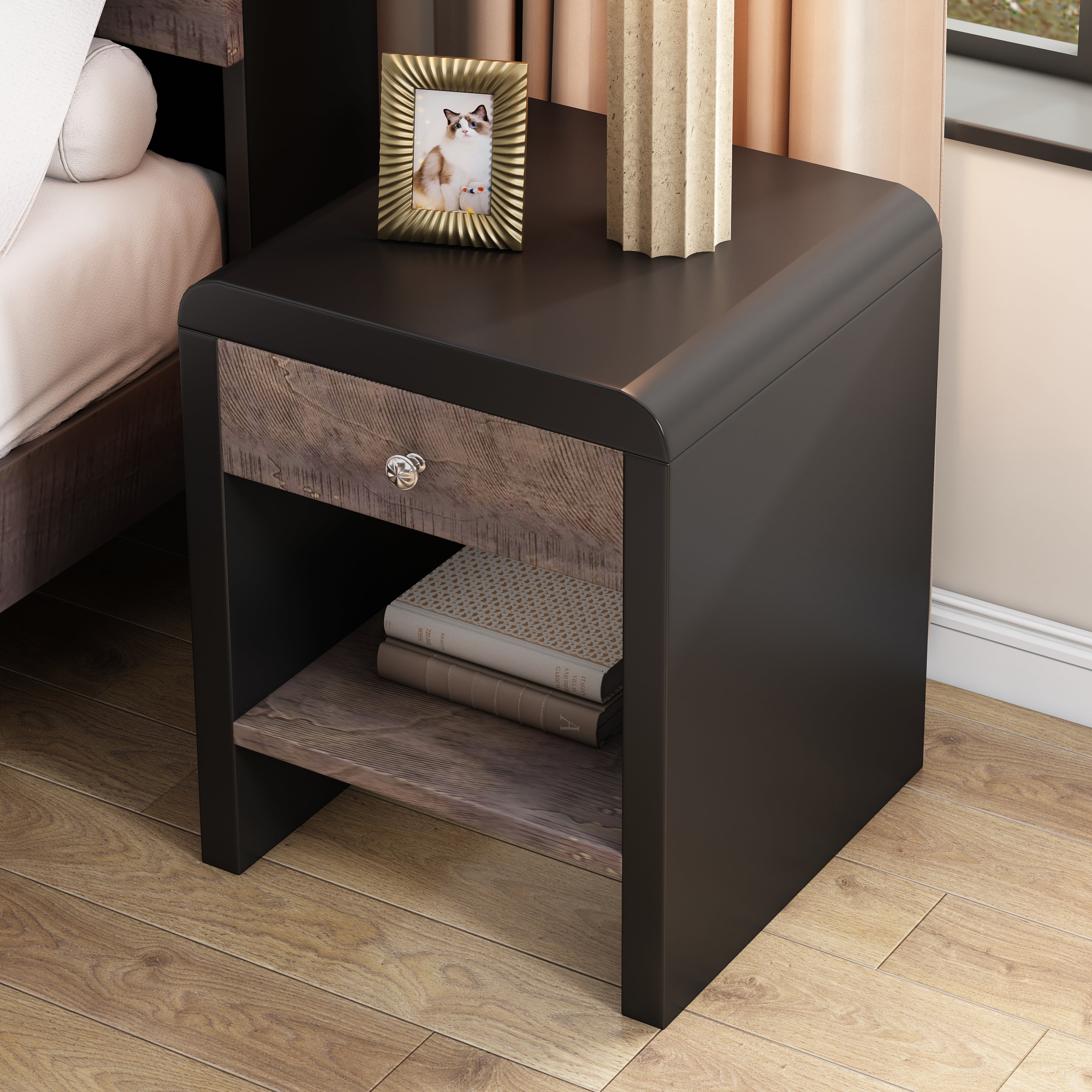 1-Drawer MDF Nightstand in Walnut and Black