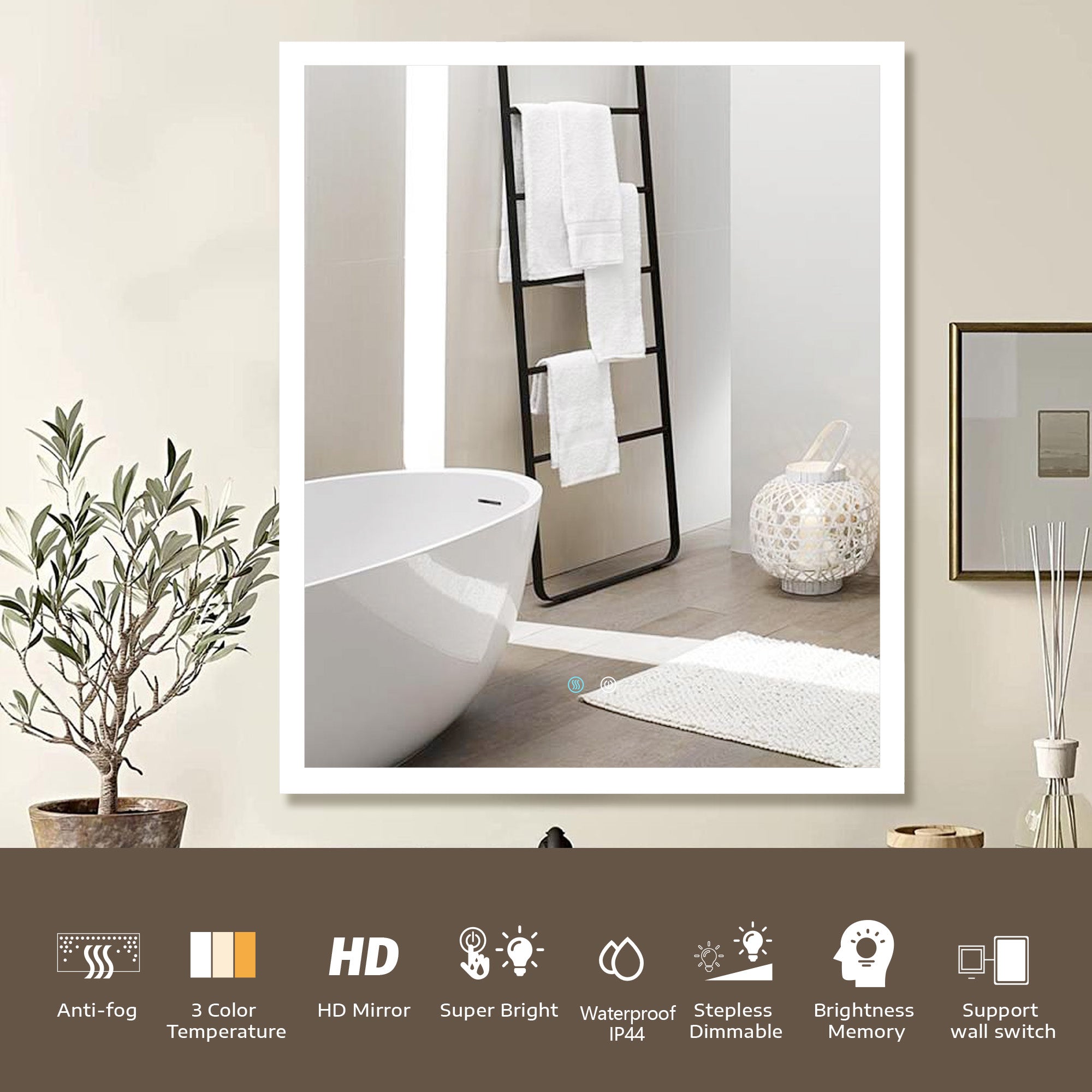 30 in. W x 36 in. H Rectangular Framless LED Wall Bathroom Vanity Mirror in Natural