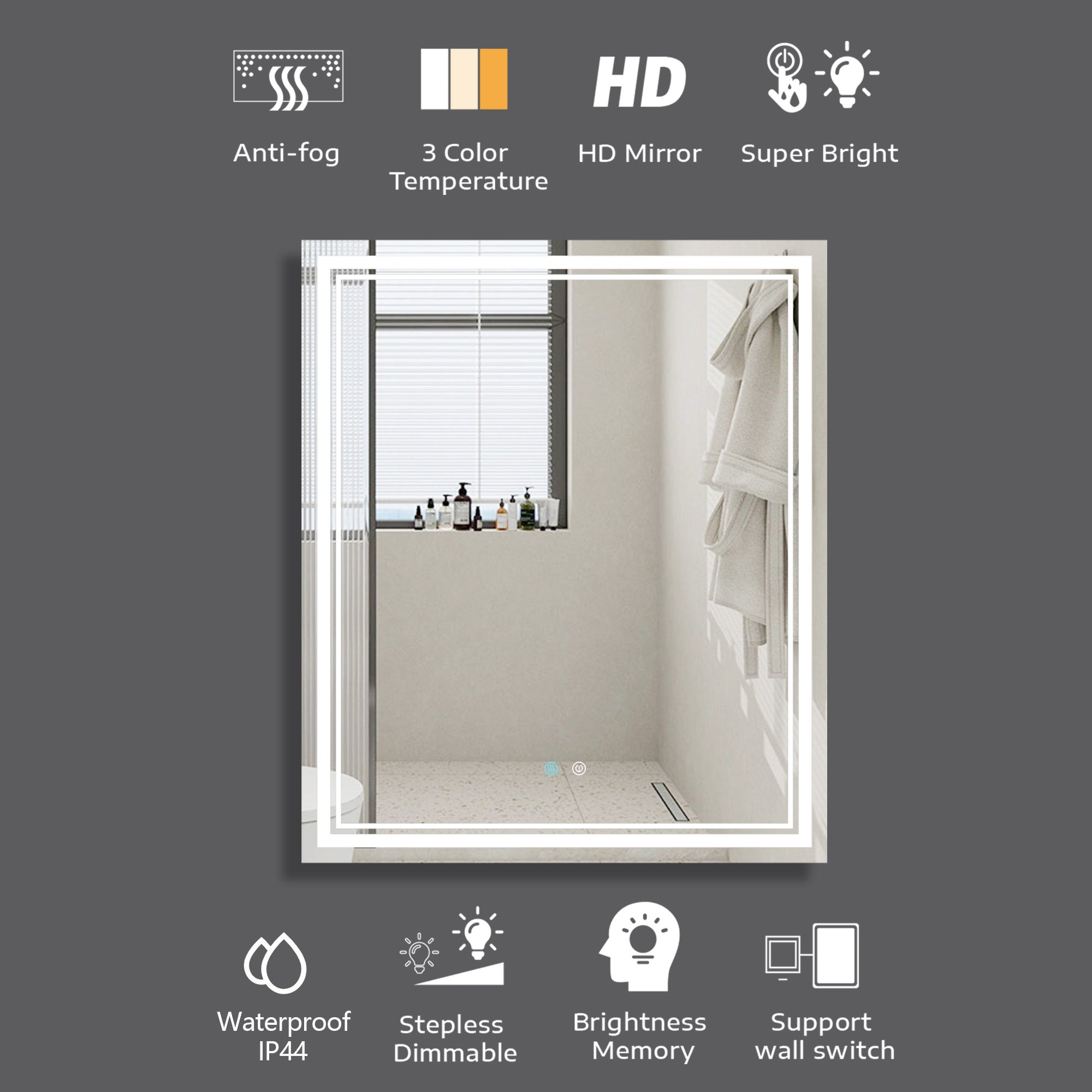 30/36/60 in.  Rectangular Frameless LED Anti-Fog Wall Bathroom Vanity Mirror in Natural