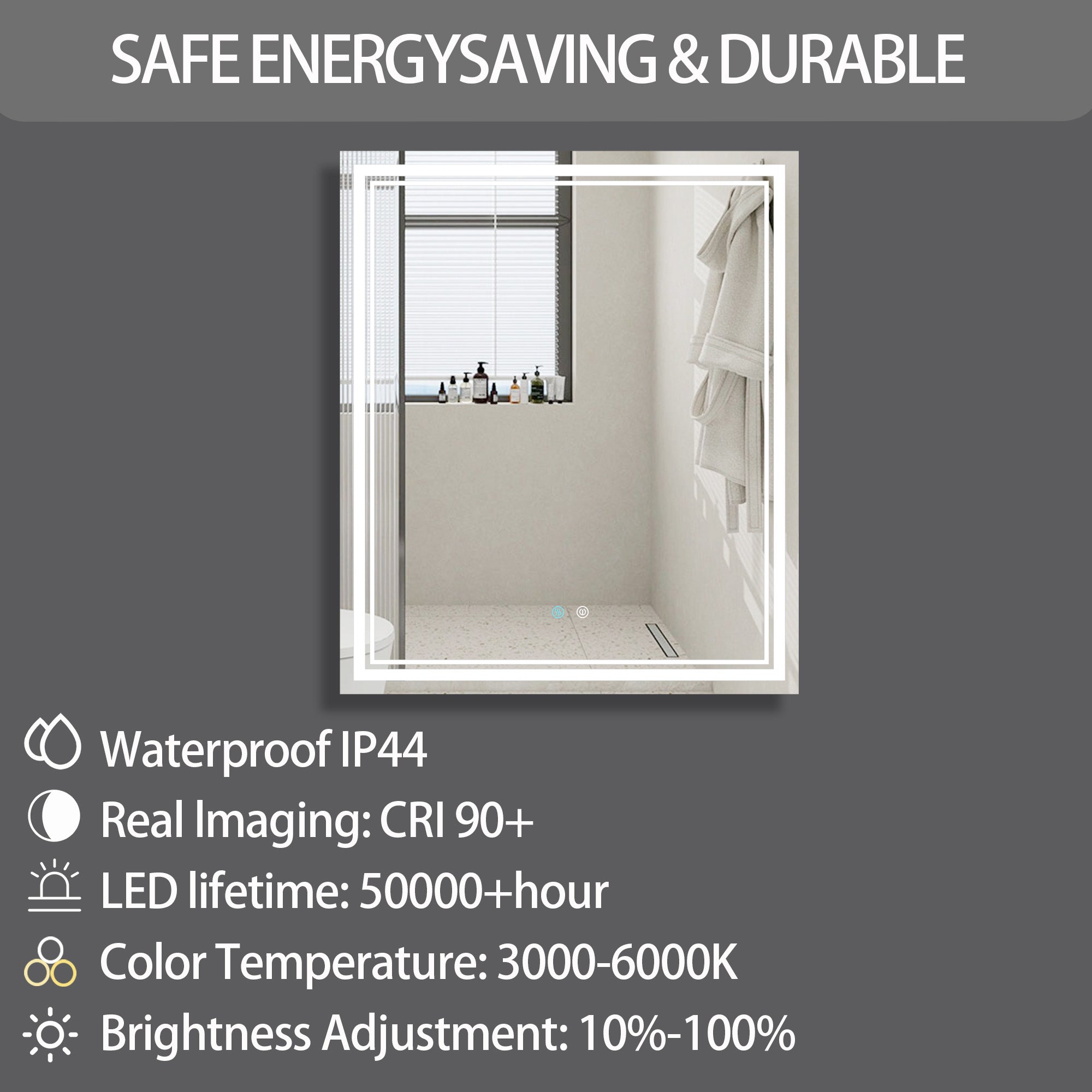 30/36/60 in.  Rectangular Frameless LED Anti-Fog Wall Bathroom Vanity Mirror in Natural