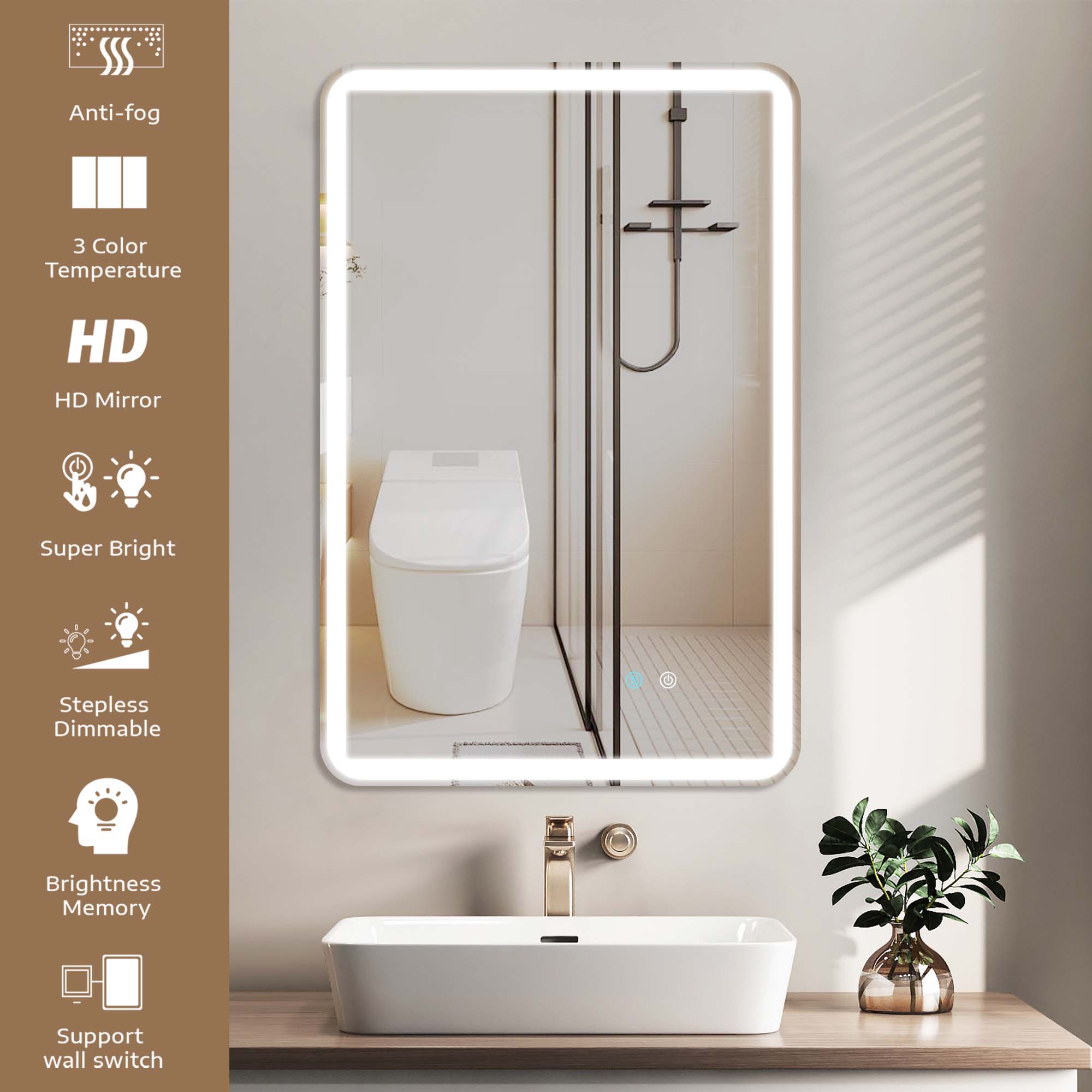 24/42/60 in. Rectangular Frameless LED Anti-Fog Wall Bathroom Vanity Mirror in Natural
