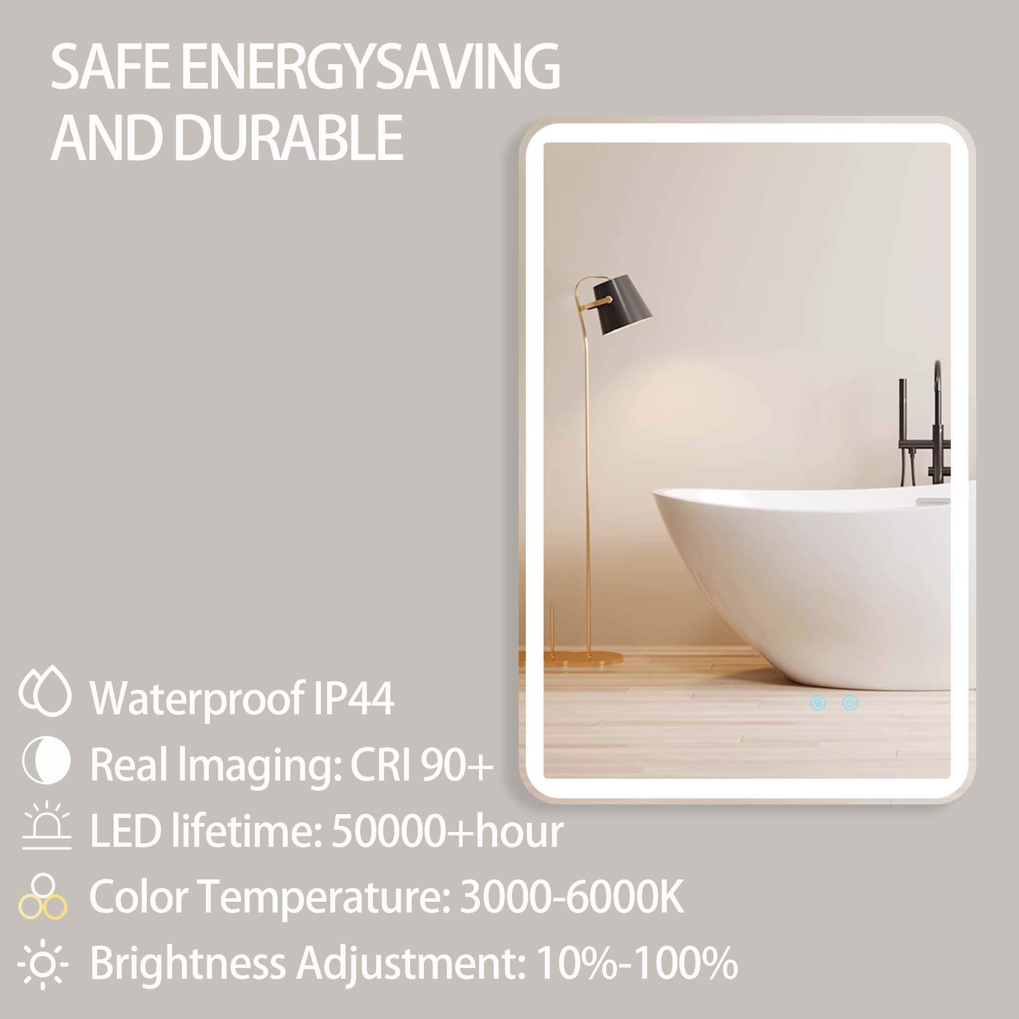 24/42/60 in. Rectangular Frameless LED Anti-Fog Wall Bathroom Vanity Mirror in Natural