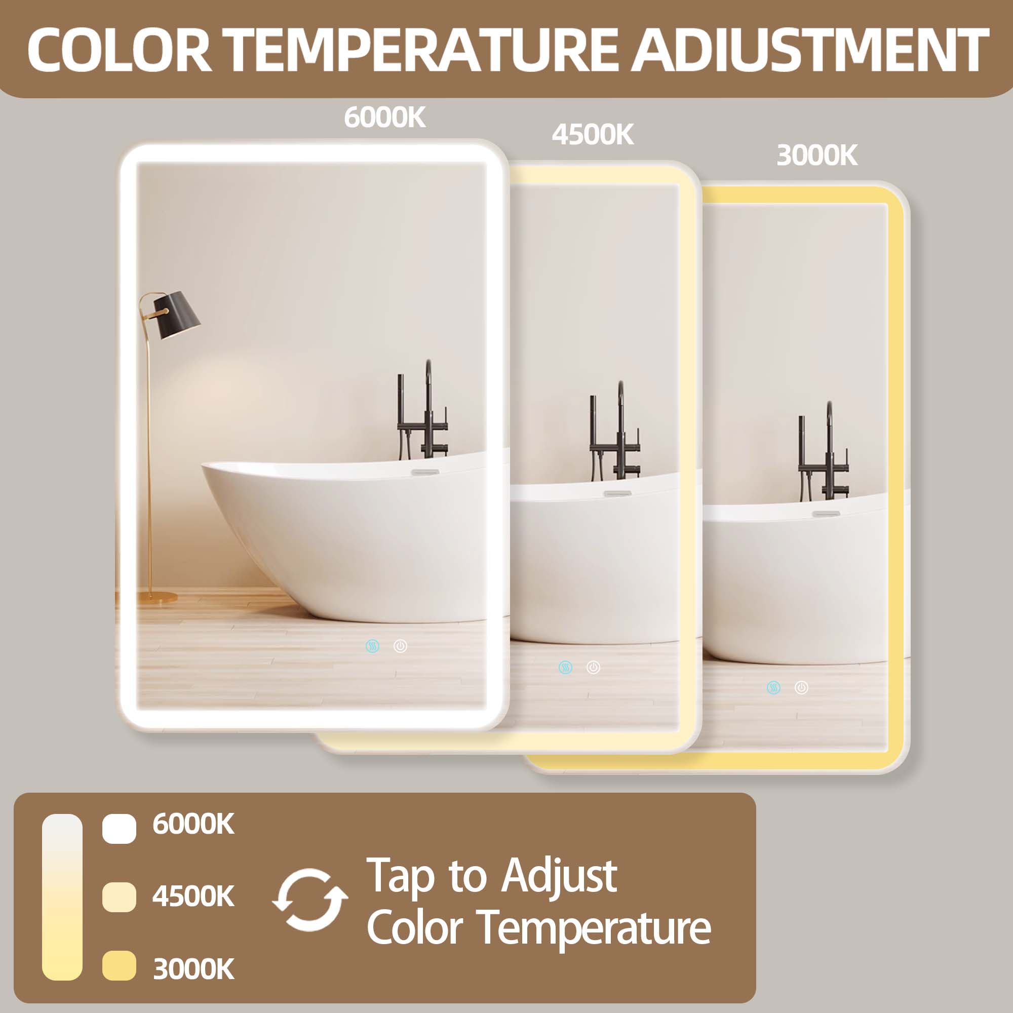 24/42/60 in. Rectangular Frameless LED Anti-Fog Wall Bathroom Vanity Mirror in Natural