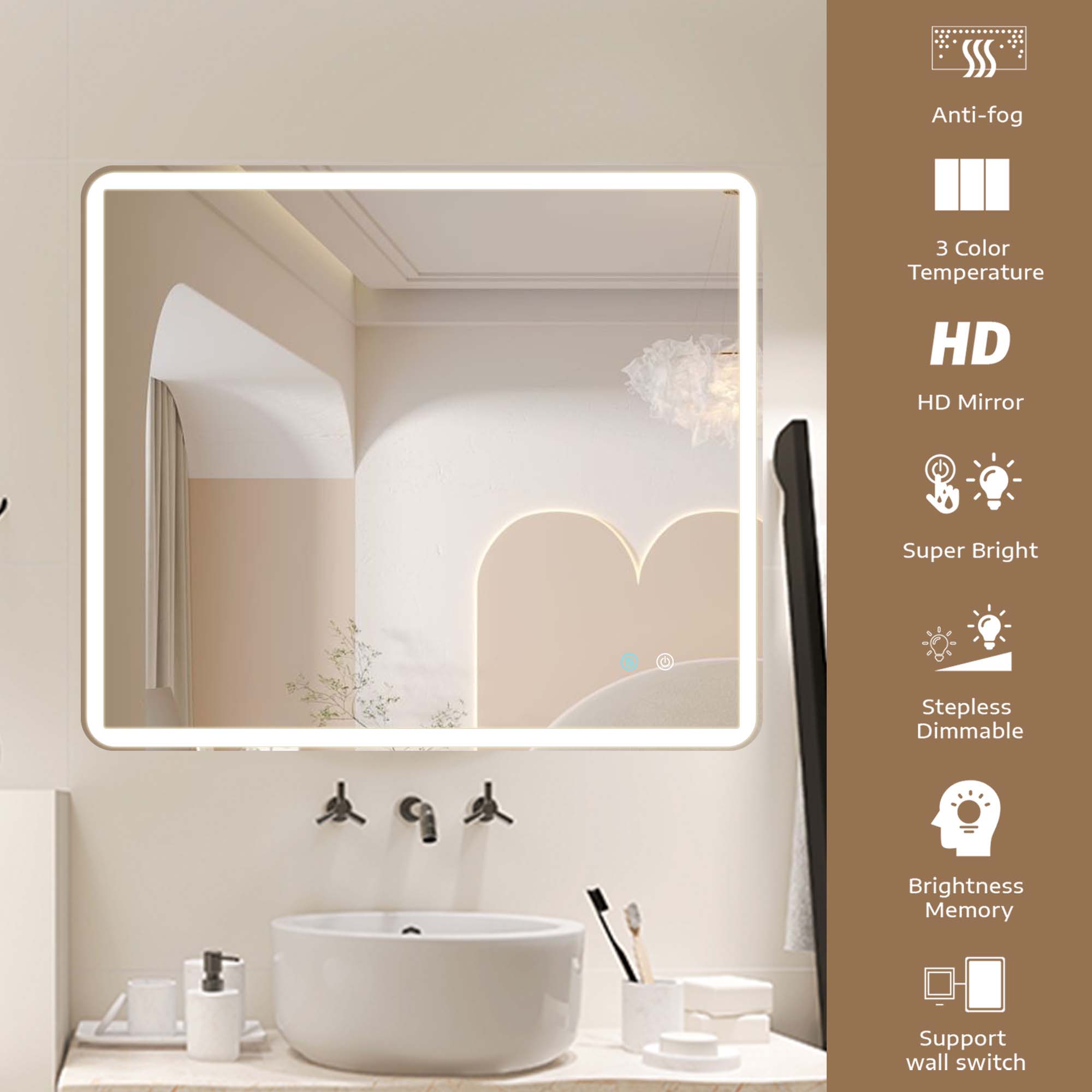 24/42/60 in. Rectangular Frameless LED Anti-Fog Wall Bathroom Vanity Mirror in Natural