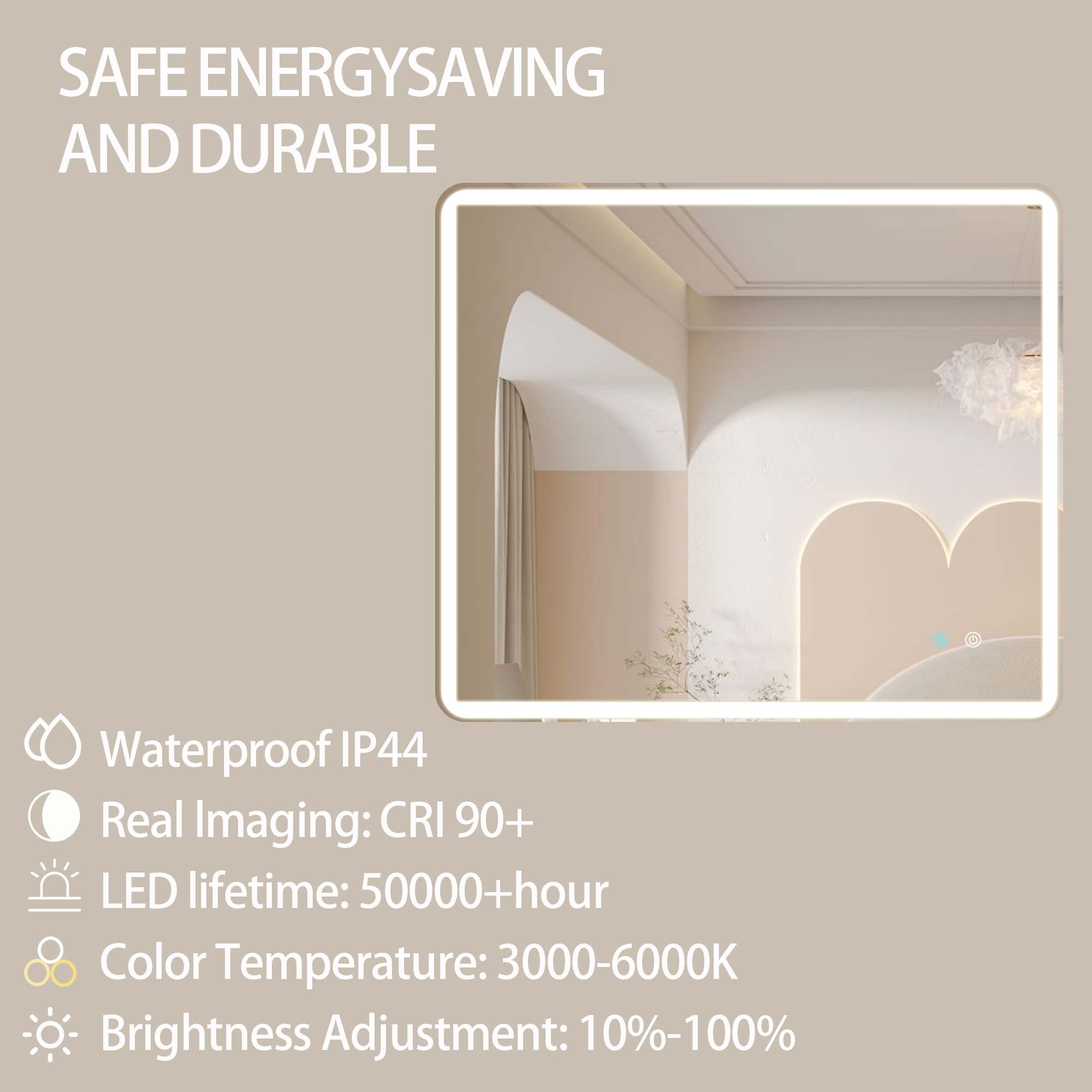 24/42/60 in. Rectangular Frameless LED Anti-Fog Wall Bathroom Vanity Mirror in Natural