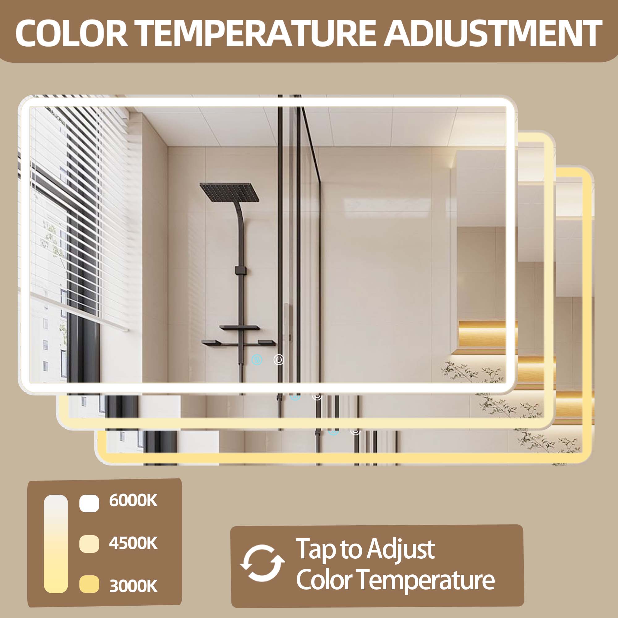 24/42/60 in. Rectangular Frameless LED Anti-Fog Wall Bathroom Vanity Mirror in Natural