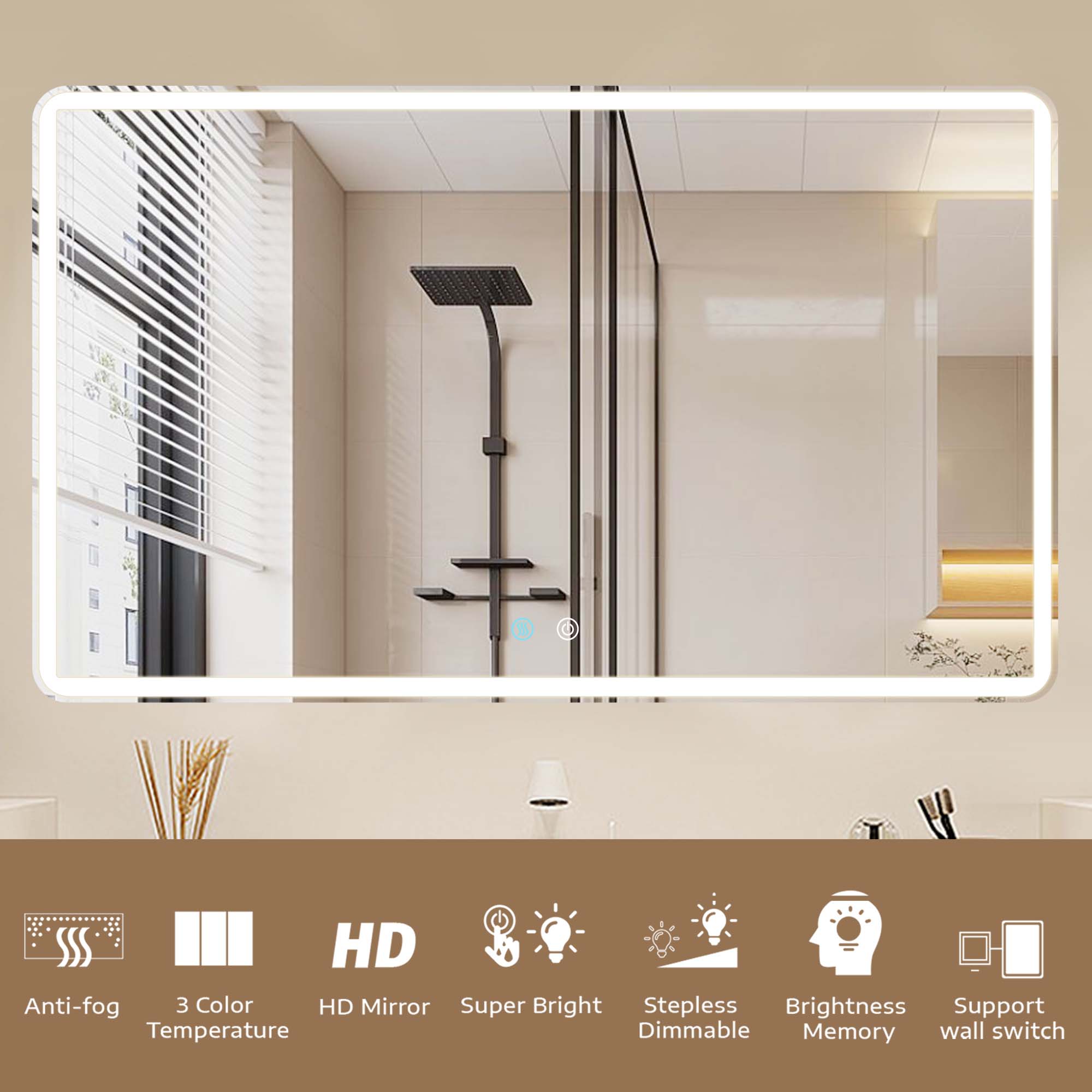 24/42/60 in. Rectangular Frameless LED Anti-Fog Wall Bathroom Vanity Mirror in Natural