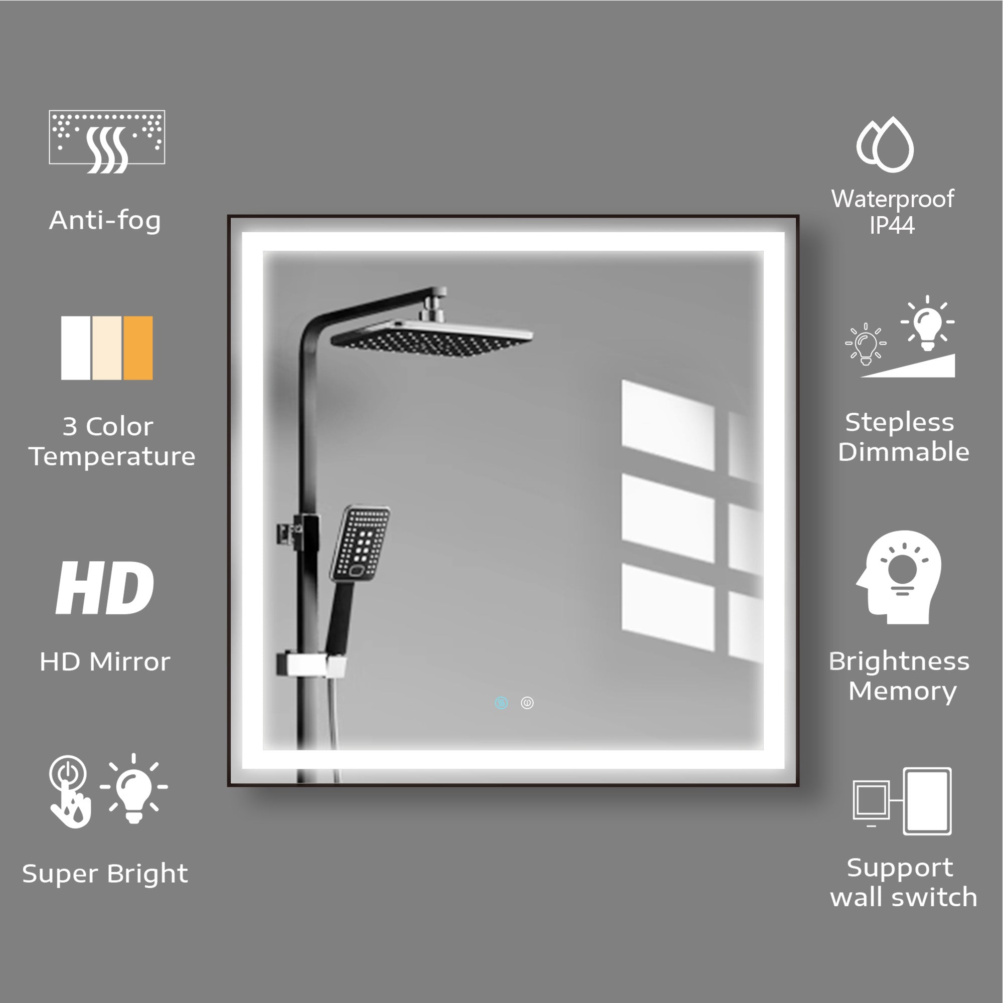 36/48/72 in. Rectangular Metal Framed LED Anti-Fog Wall Bathroom Vanity Mirror in Natural