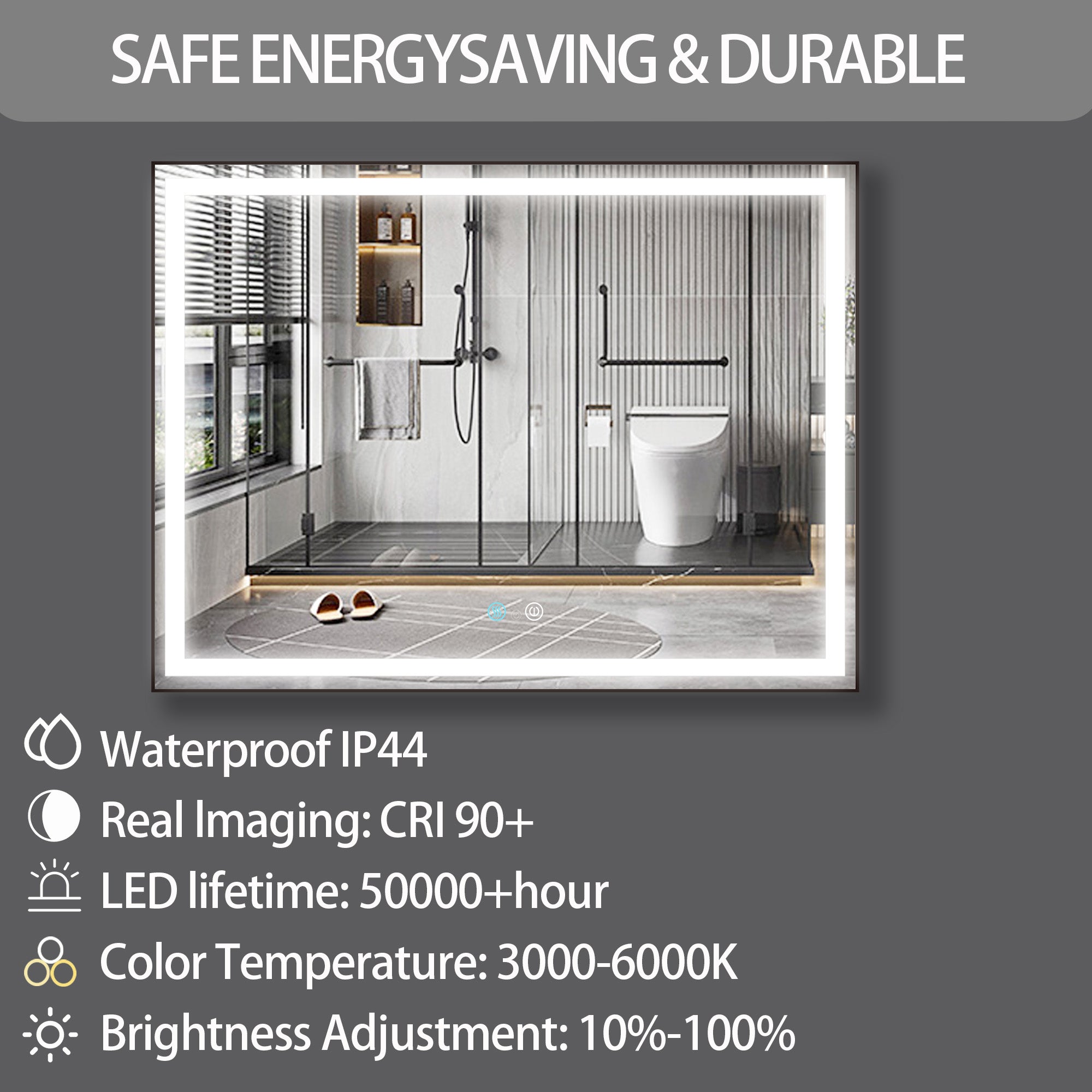 36/48/72 in. Rectangular Metal Framed LED Anti-Fog Wall Bathroom Vanity Mirror in Natural