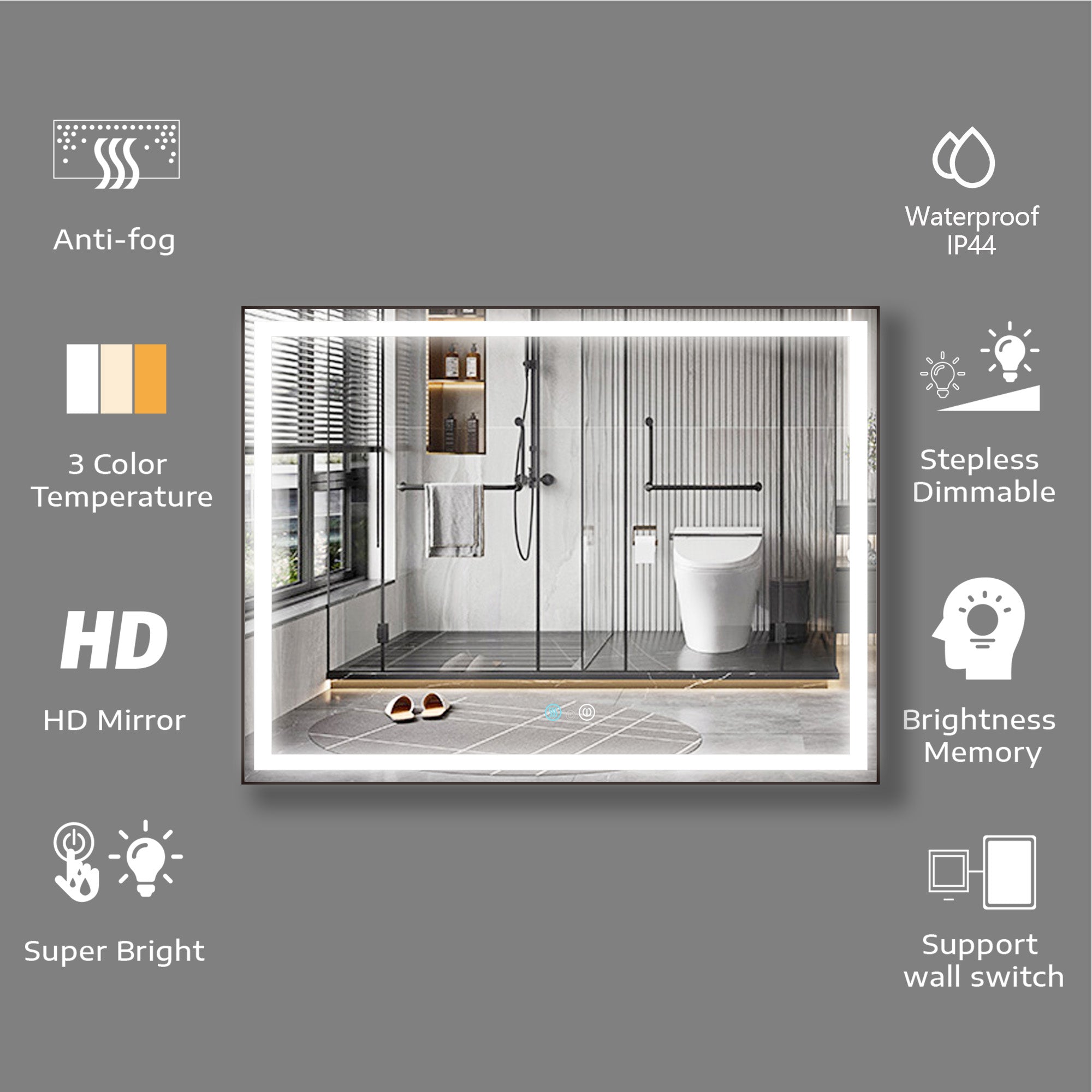 36/48/72 in. Rectangular Metal Framed LED Anti-Fog Wall Bathroom Vanity Mirror in Natural