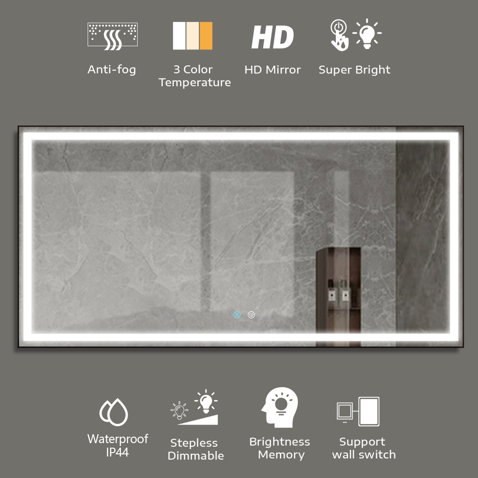 36/48/72 in. Rectangular Metal Framed LED Anti-Fog Wall Bathroom Vanity Mirror in Natural