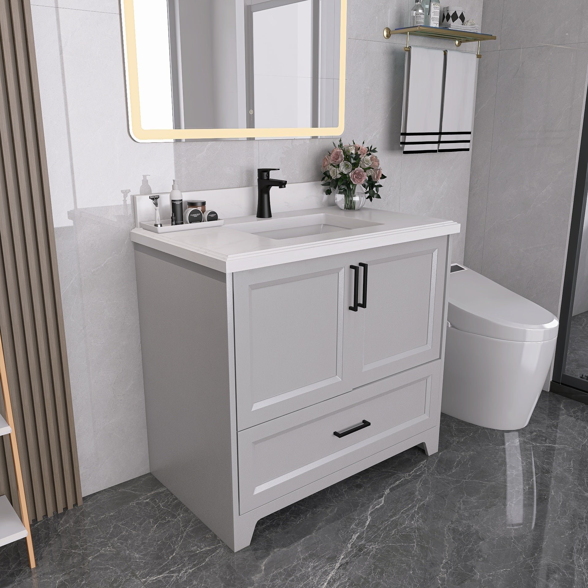 36" Freestanding Bathroom Vanity Set with Ceramic Sink and Backsplash
