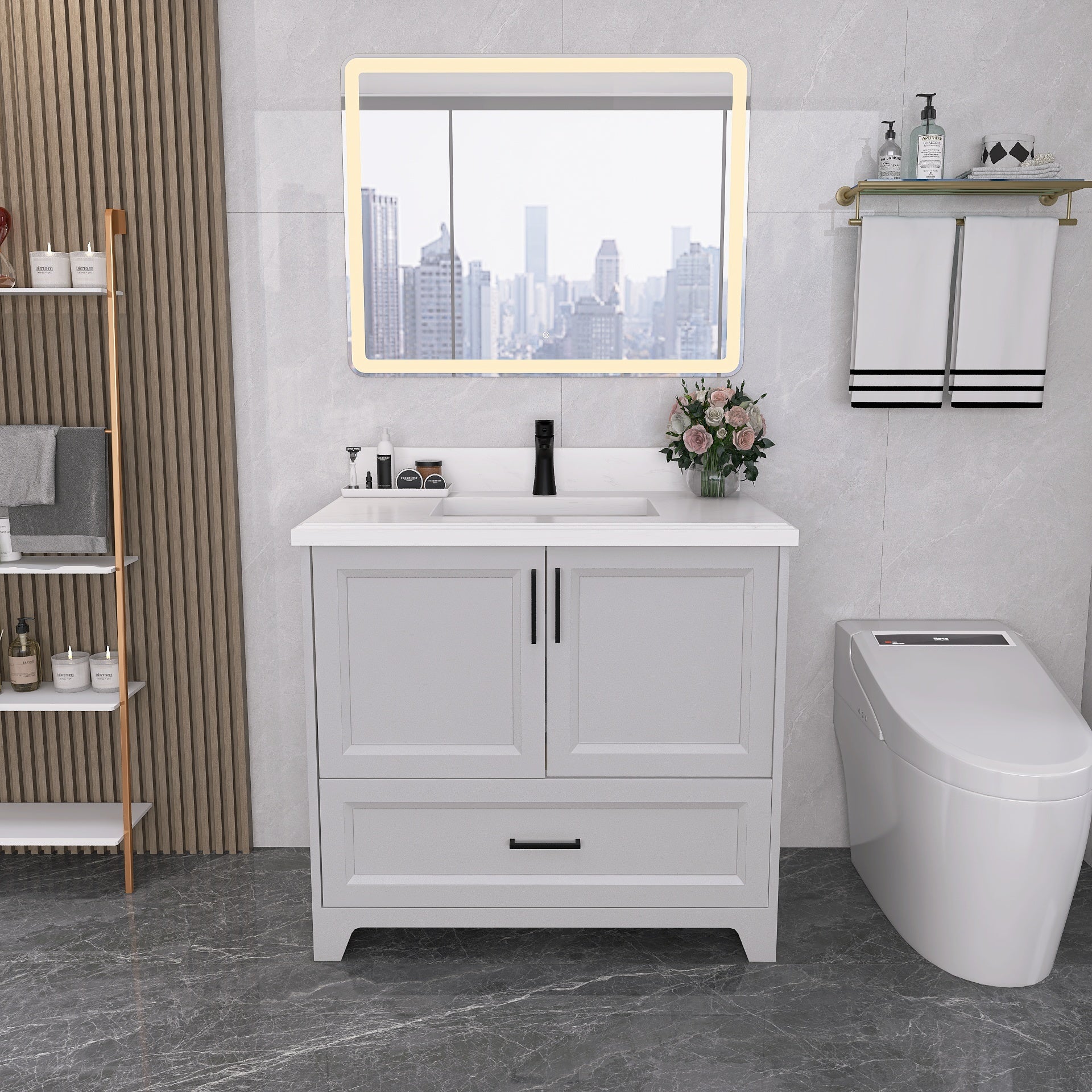 36" Freestanding Bathroom Vanity Set with Ceramic Sink and Backsplash
