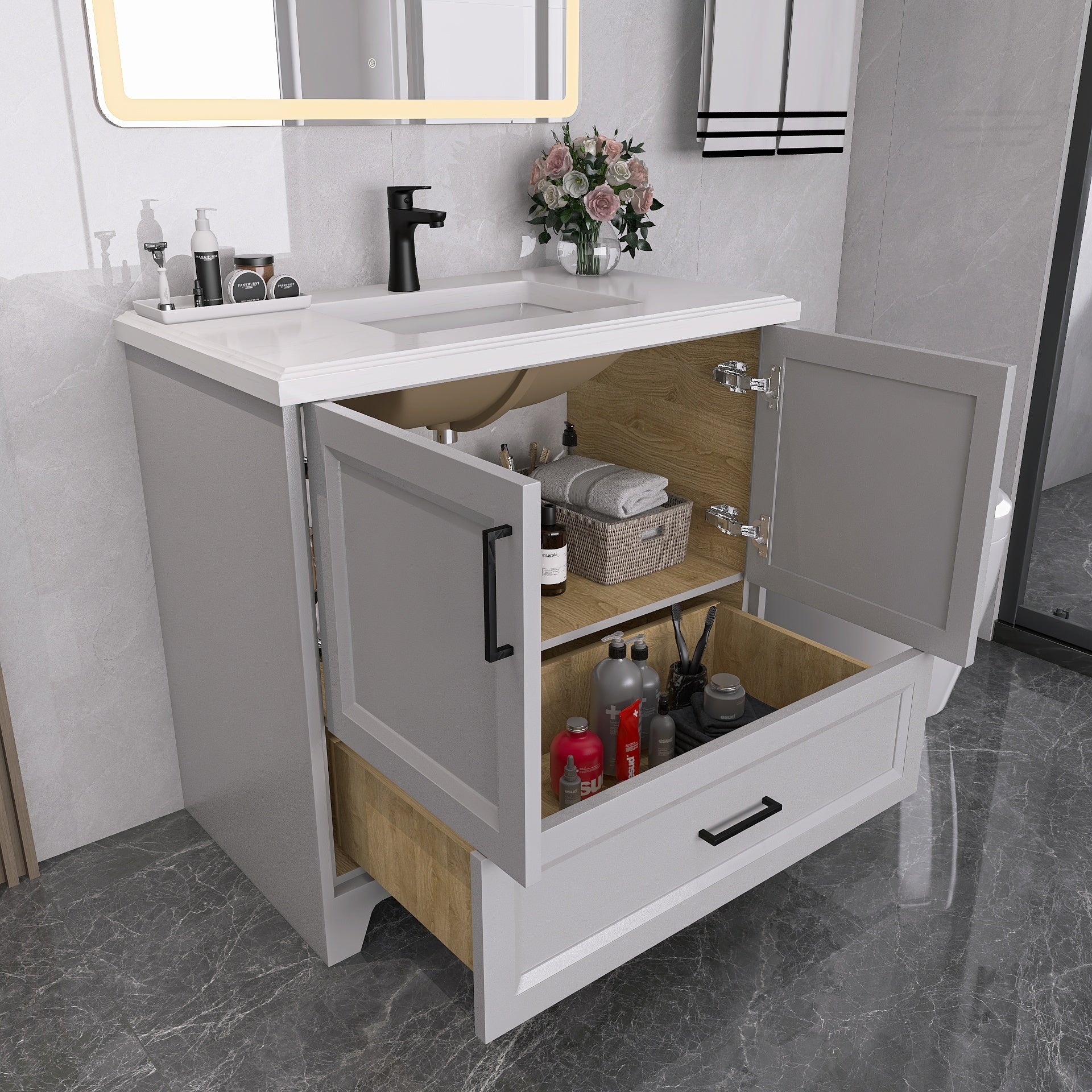 36" Freestanding Bathroom Vanity Set with Ceramic Sink and Backsplash