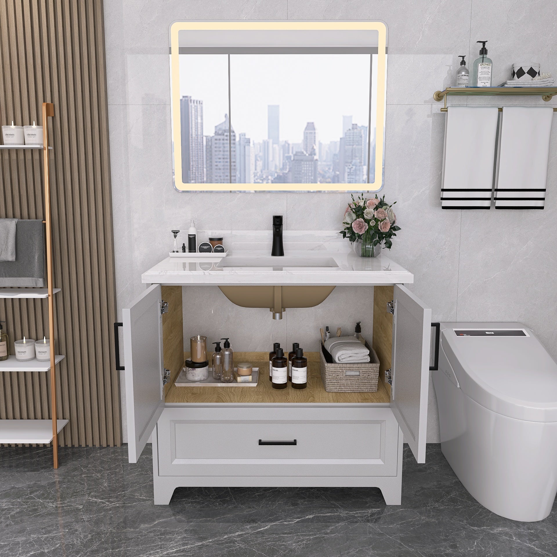 36" Freestanding Bathroom Vanity Set with Ceramic Sink and Backsplash