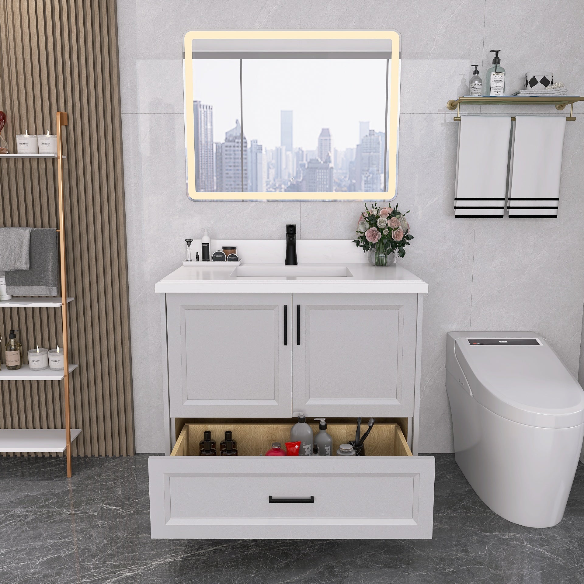 36" Freestanding Bathroom Vanity Set with Ceramic Sink and Backsplash