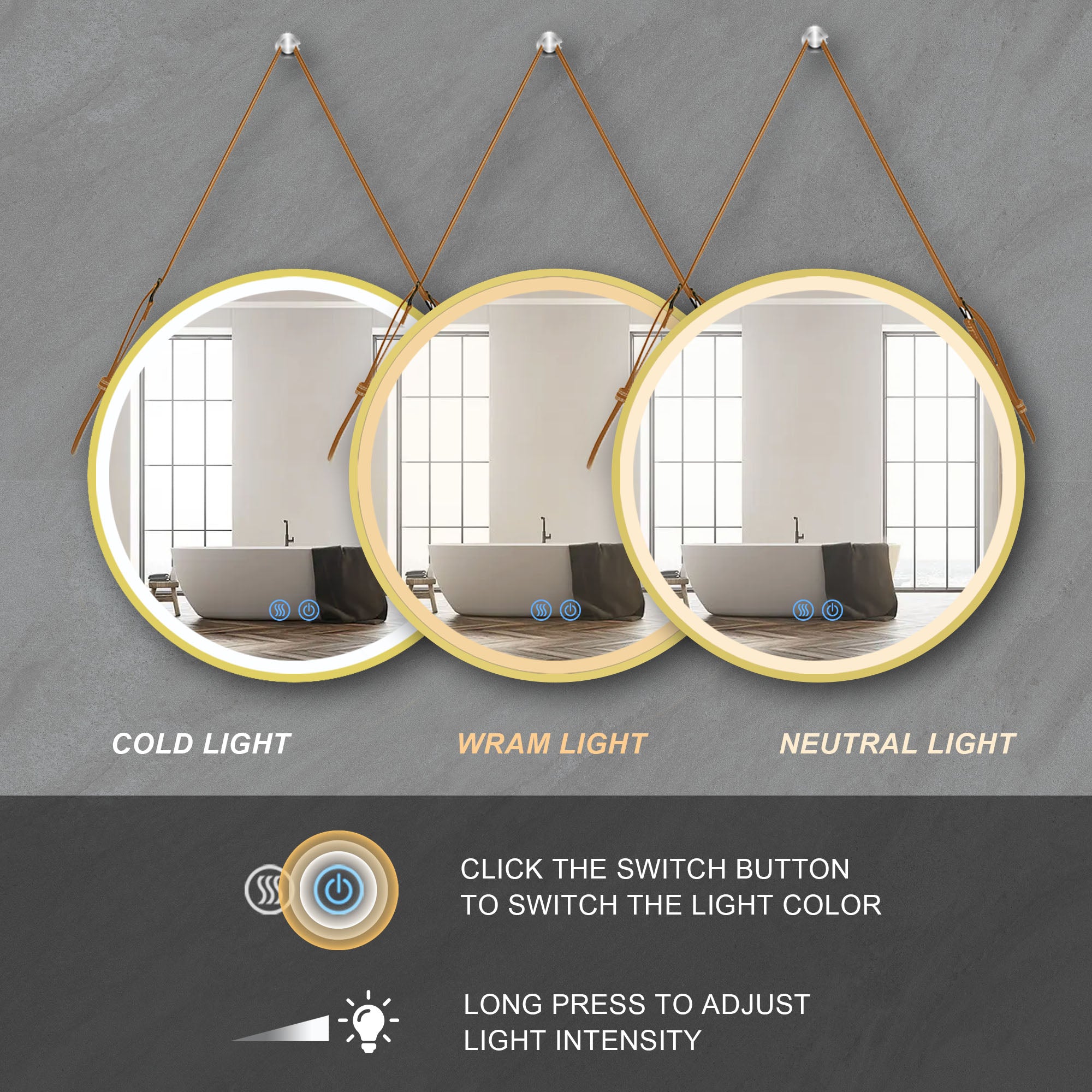 24/28/32 inch Round gold metal frame Anti-Fog Wall Mounted LED Bathroom Vanity Mirror