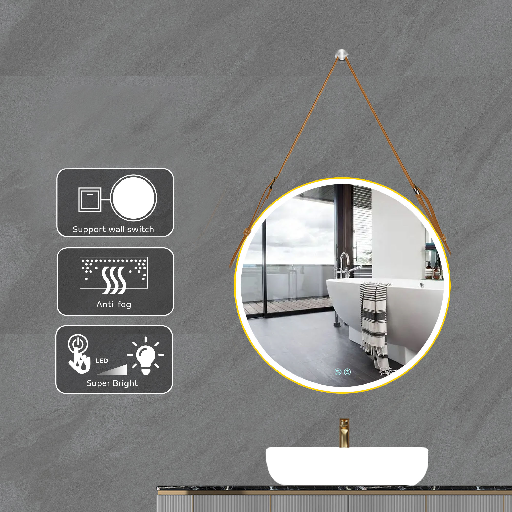 24/28/32 inch Round gold metal frame Anti-Fog Wall Mounted LED Bathroom Vanity Mirror