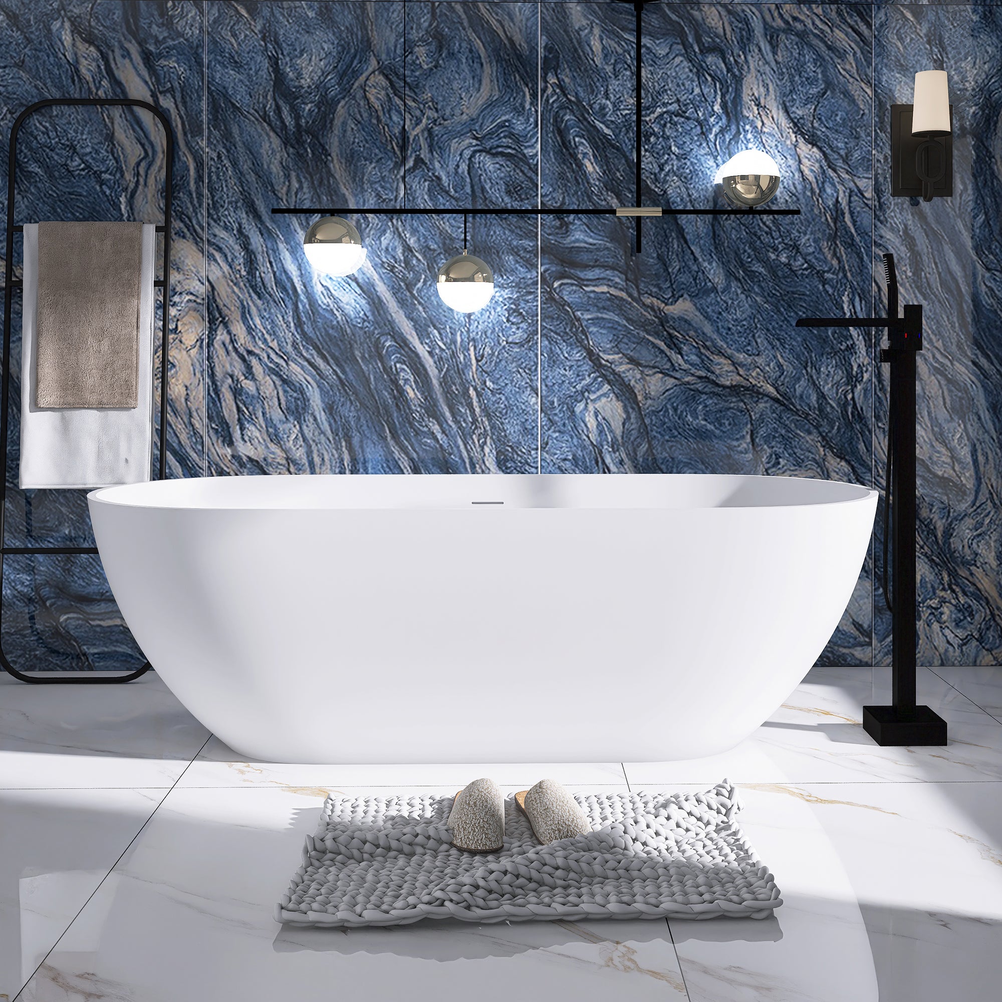 Solid Surface Freestanding Flatbottom Soaking Bathtub in White