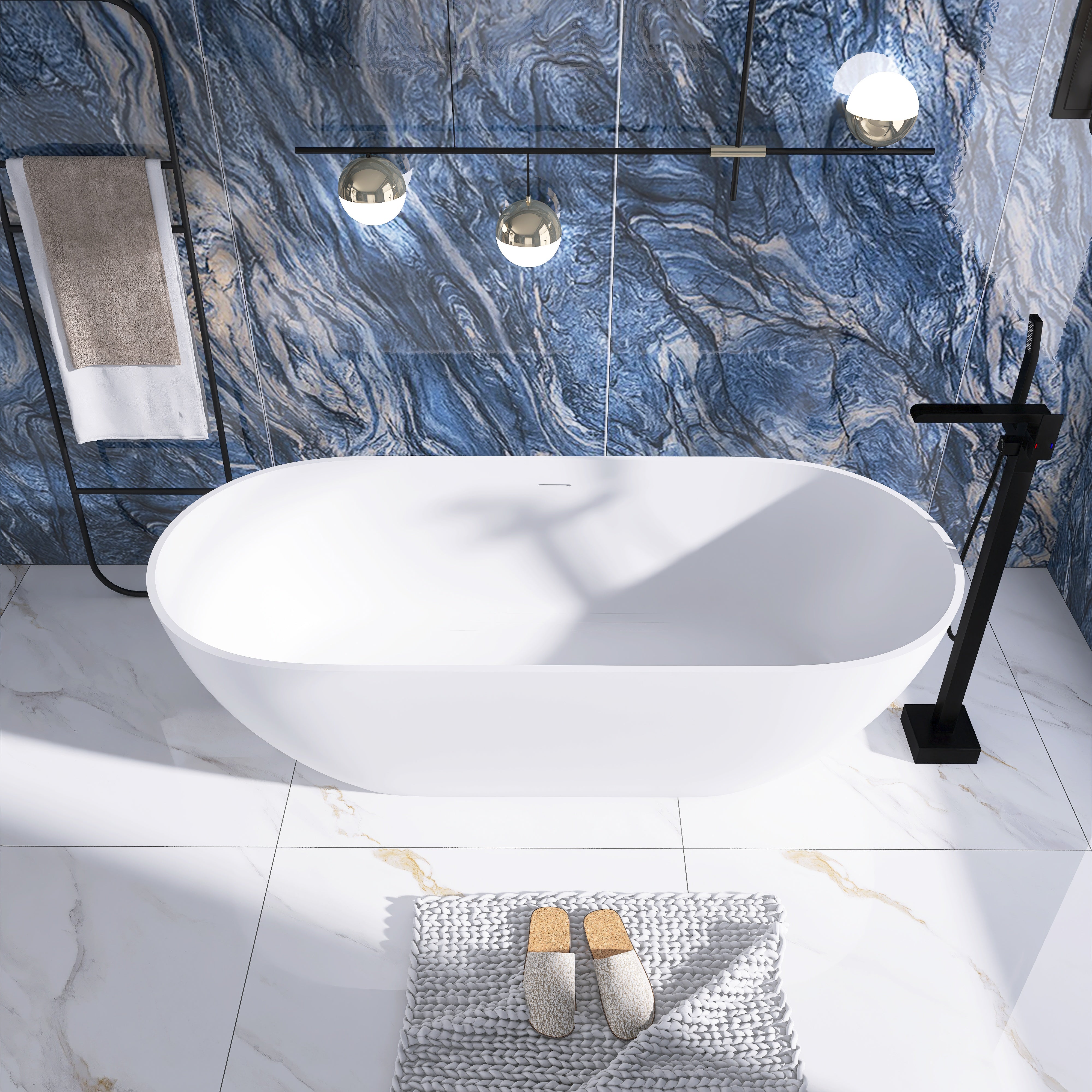 Solid Surface Freestanding Flatbottom Soaking Bathtub in White